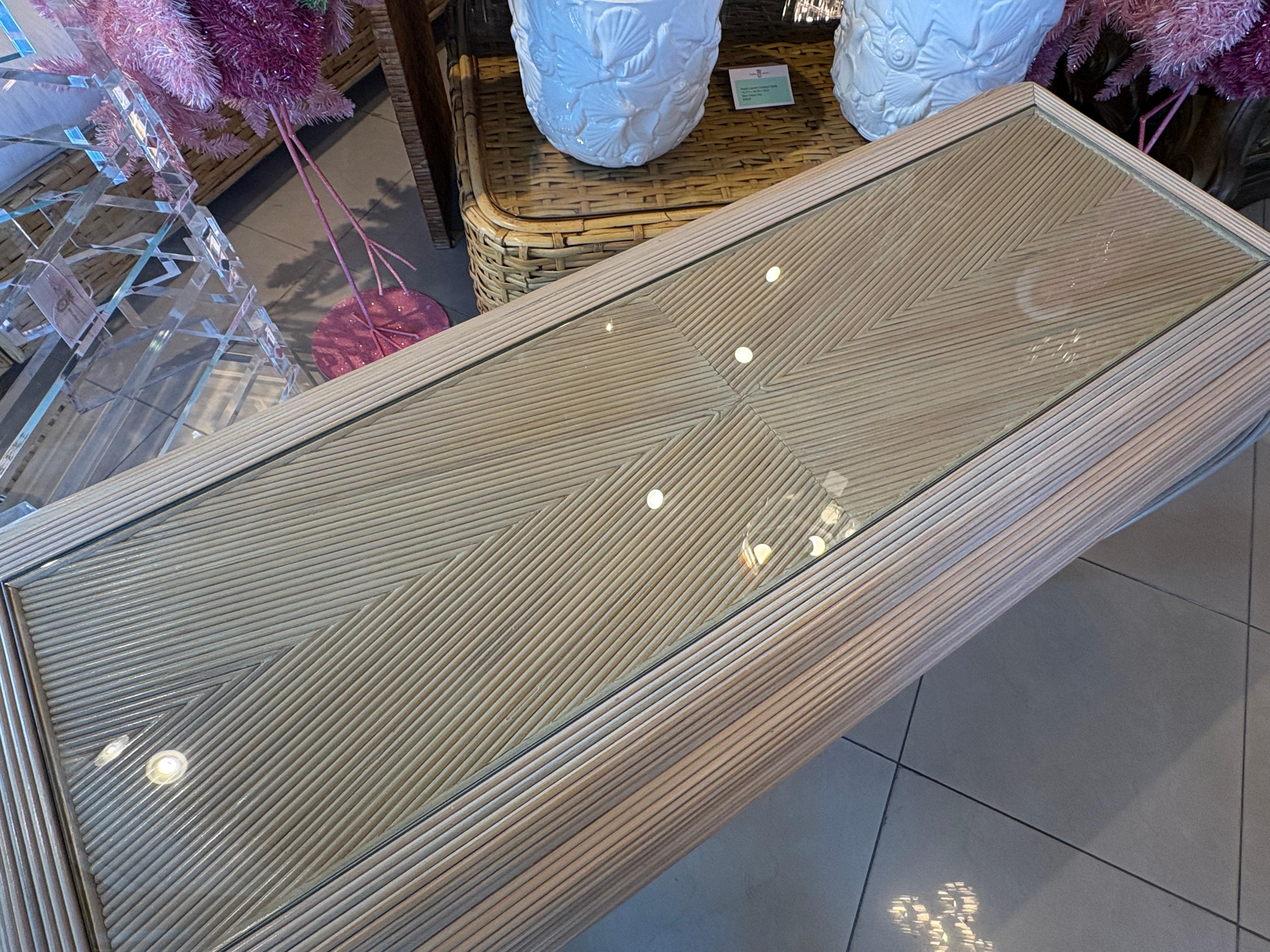 Vintage Coastal Palm Beach Pencil Reed Rattan Ming Console Table New Glass Top For Sale 10