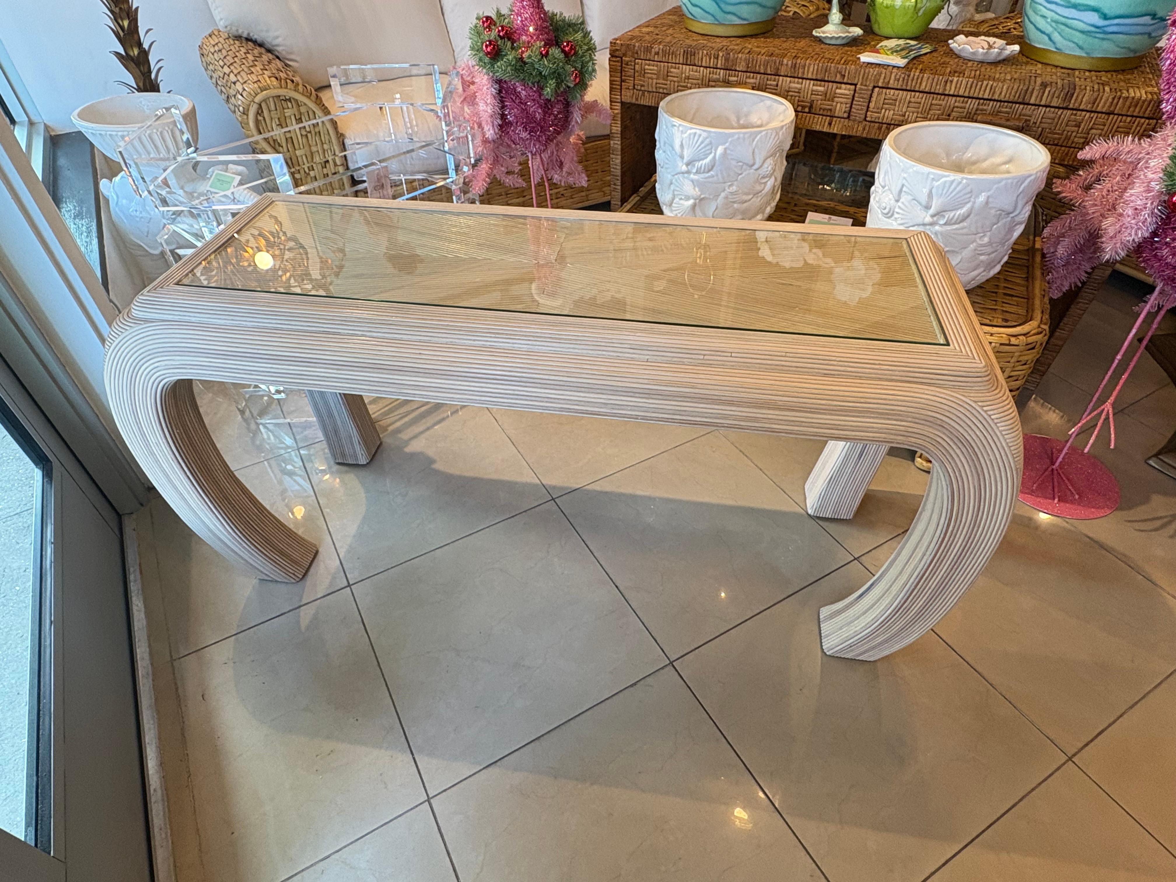 Vintage Coastal Palm Beach Pencil Reed Rattan Ming Console Table New Glass Top For Sale 11