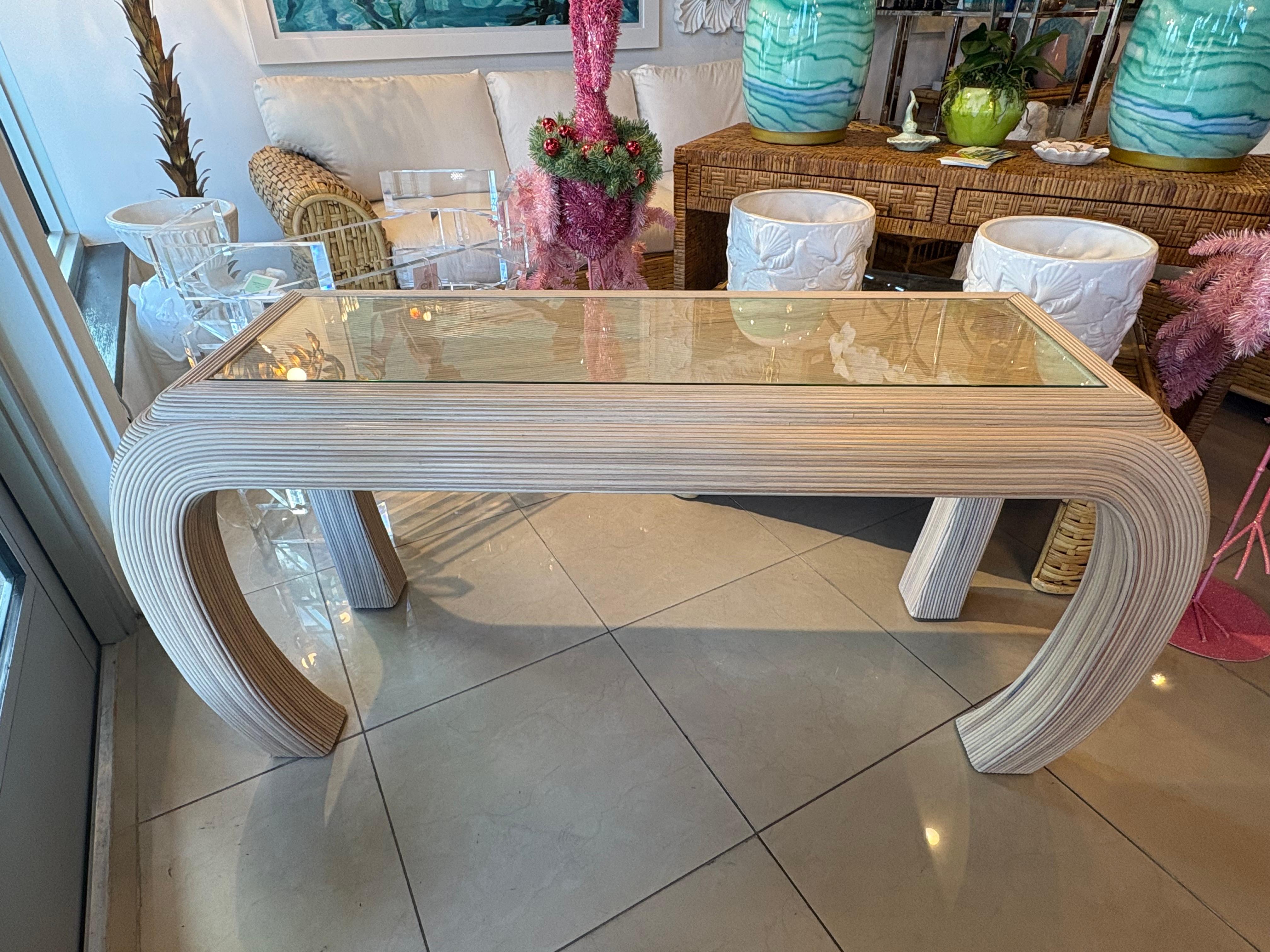 Vintage Coastal Palm Beach Pencil Reed Rattan Ming Console Table New Glass Top For Sale 12