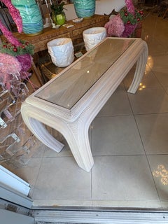 Vintage Coastal Palm Beach Pencil Reed Rattan Ming Console Table New Glass Top