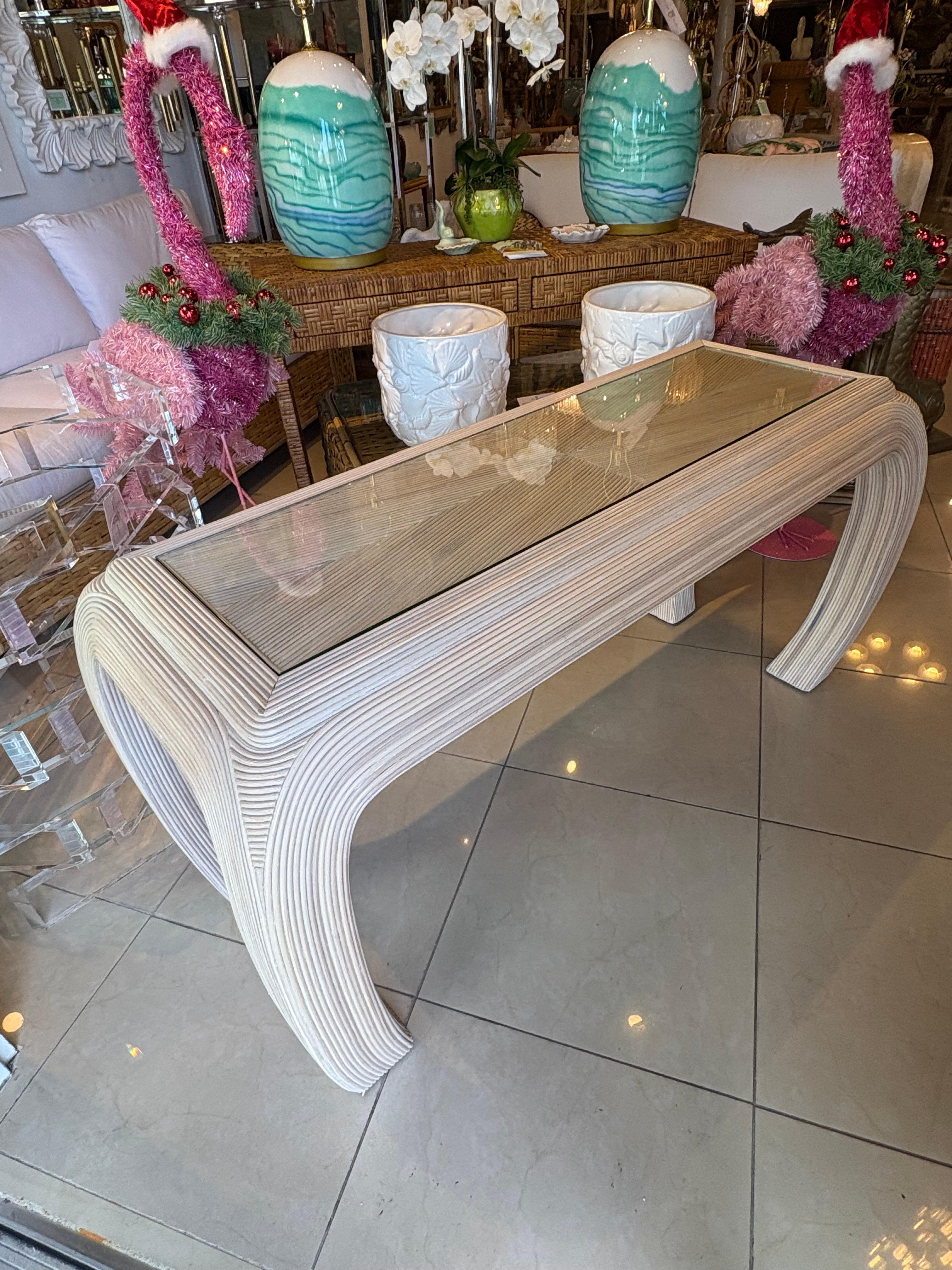 Hollywood Regency Vintage Coastal Palm Beach Pencil Reed Rattan Ming Console Table New Glass Top For Sale