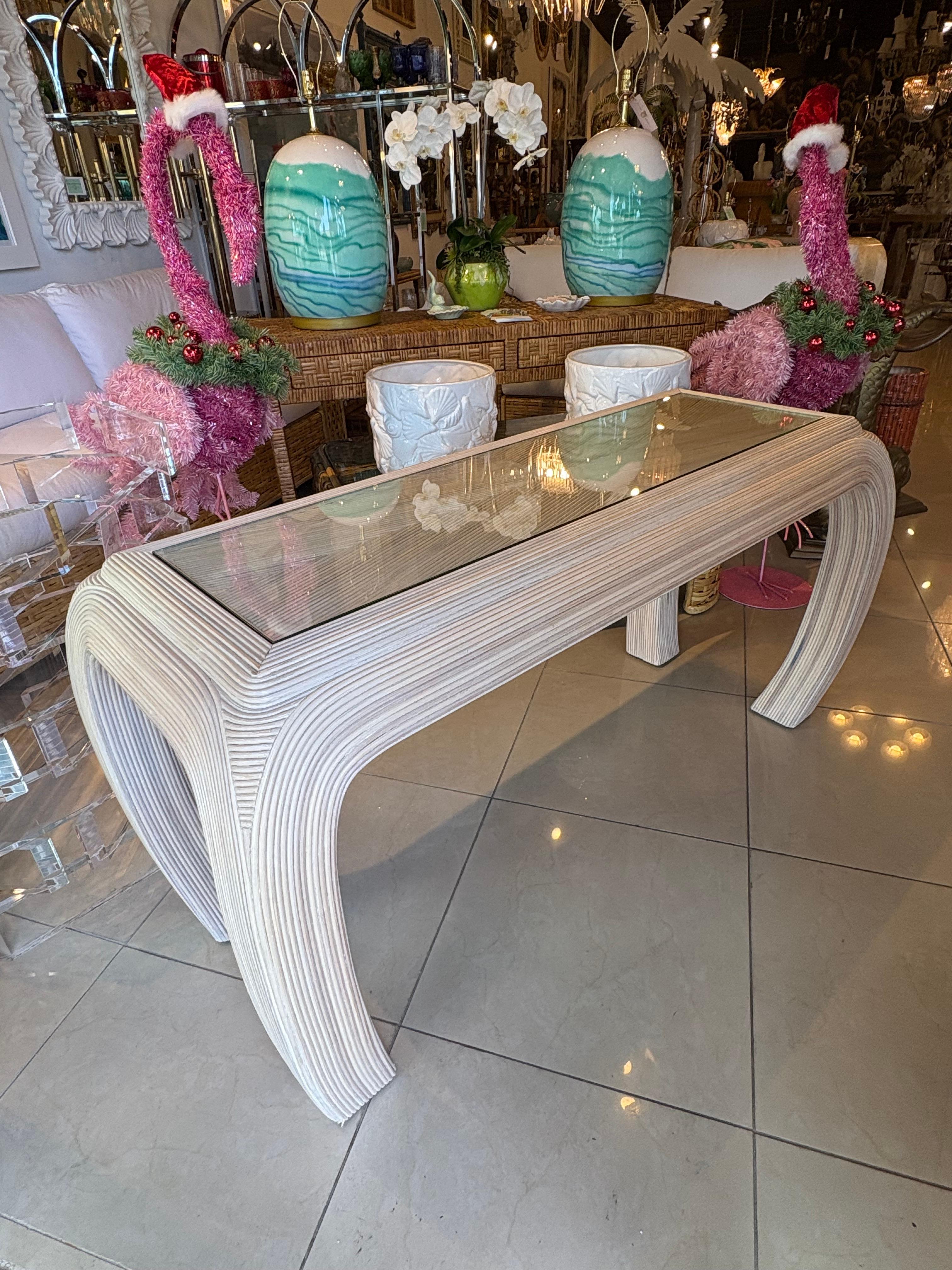 American Vintage Coastal Palm Beach Pencil Reed Rattan Ming Console Table New Glass Top For Sale
