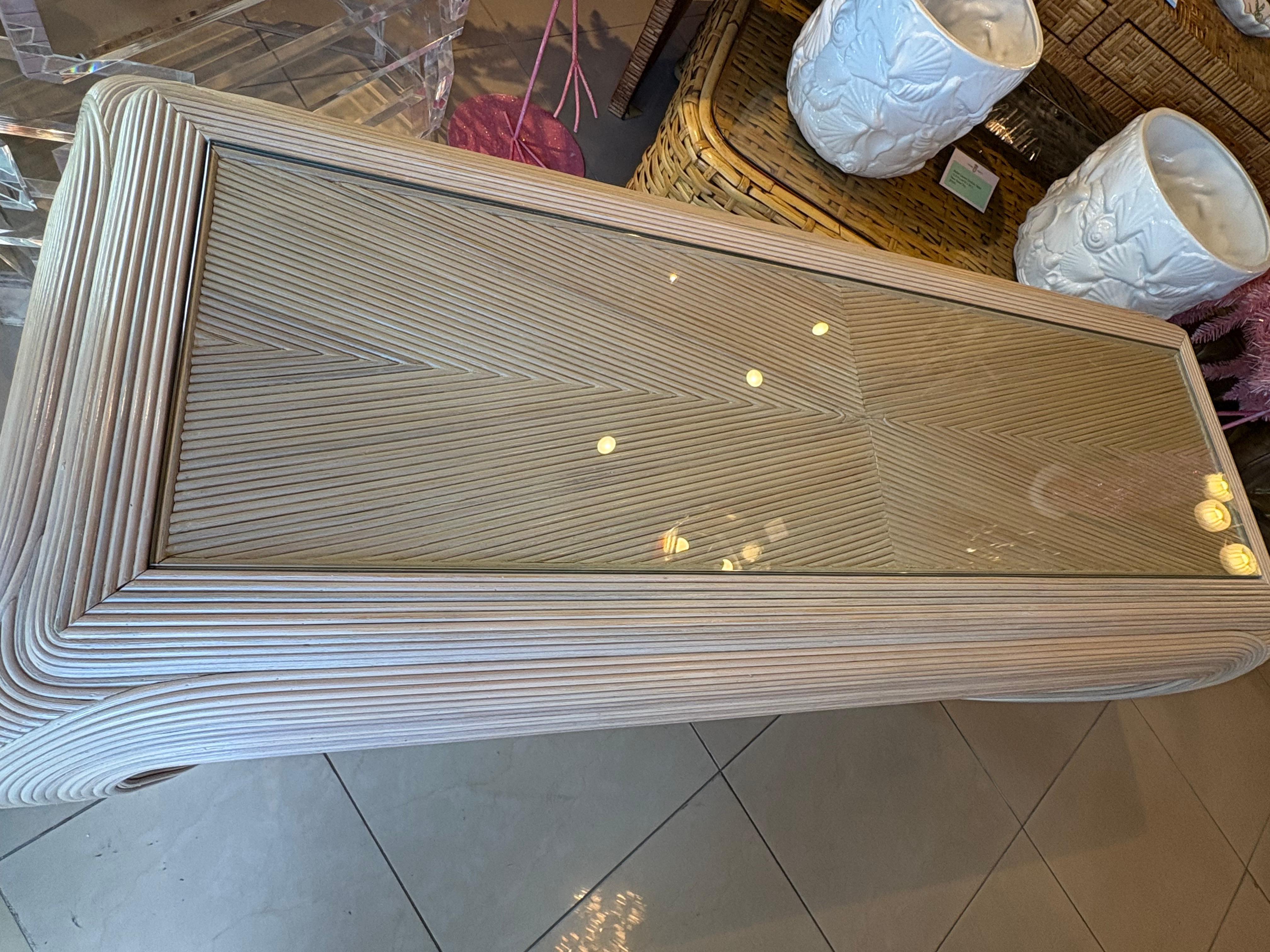 Late 20th Century Vintage Coastal Palm Beach Pencil Reed Rattan Ming Console Table New Glass Top For Sale