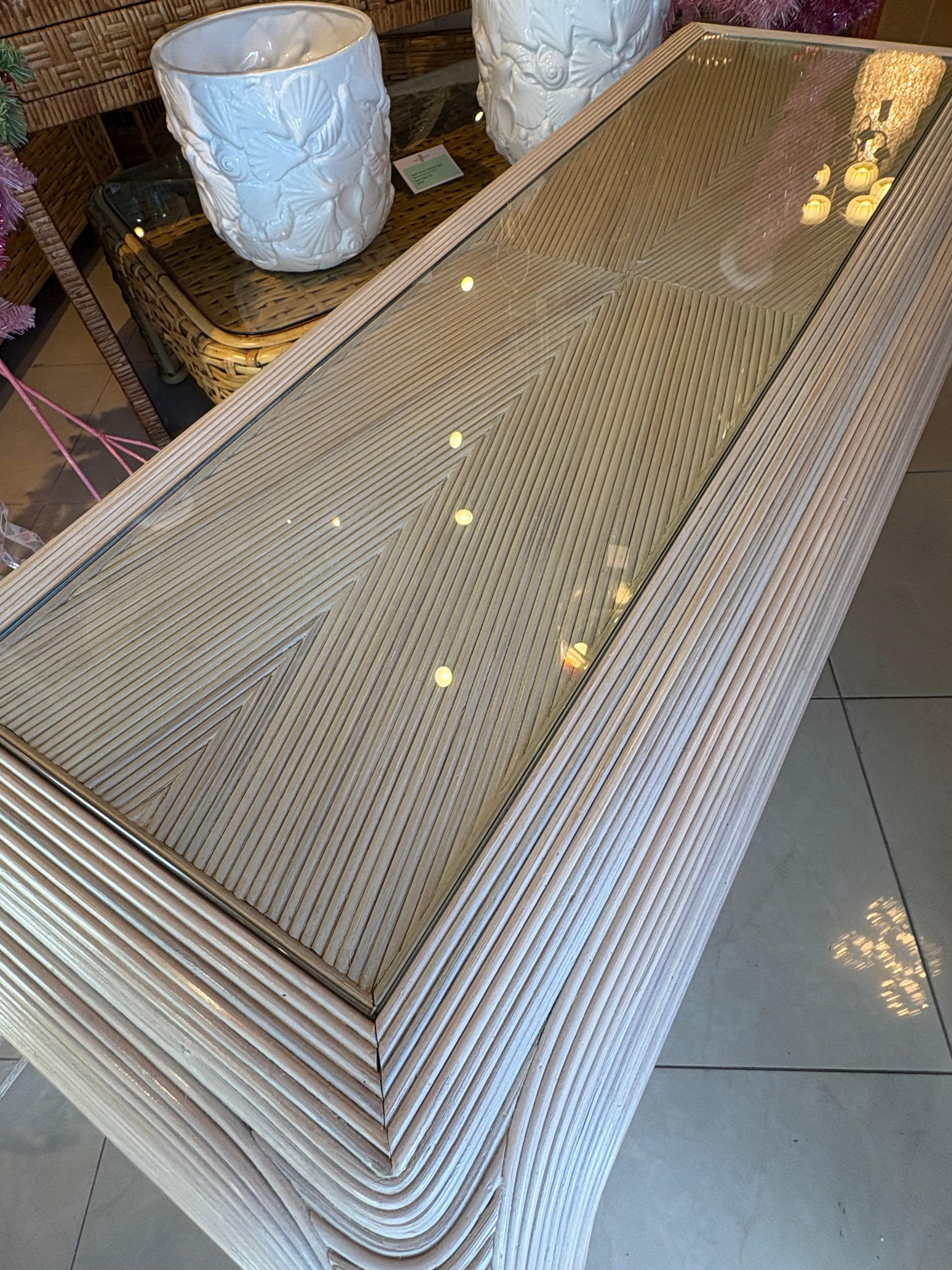 Vintage Coastal Palm Beach Pencil Reed Rattan Ming Console Table New Glass Top For Sale 1