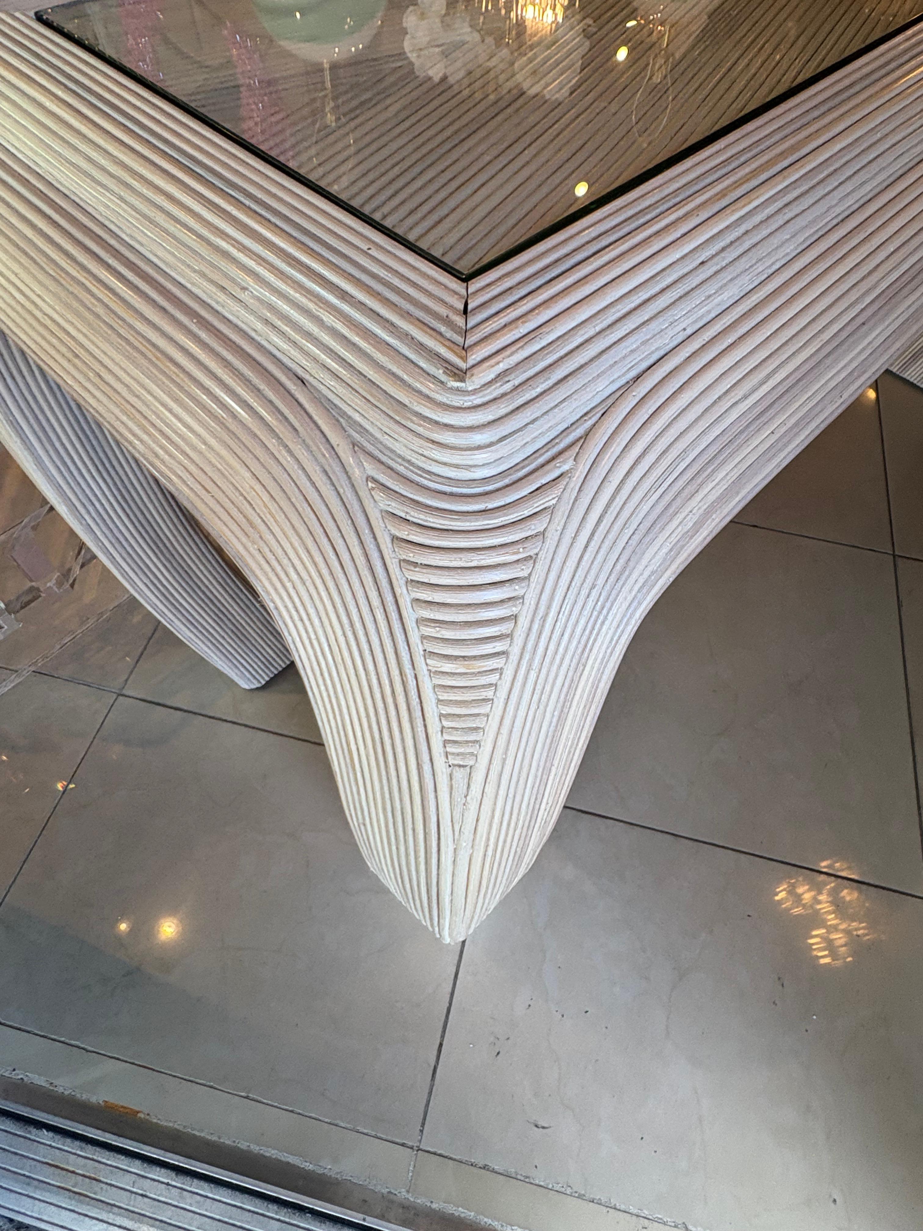 Vintage Coastal Palm Beach Pencil Reed Rattan Ming Console Table New Glass Top For Sale 2