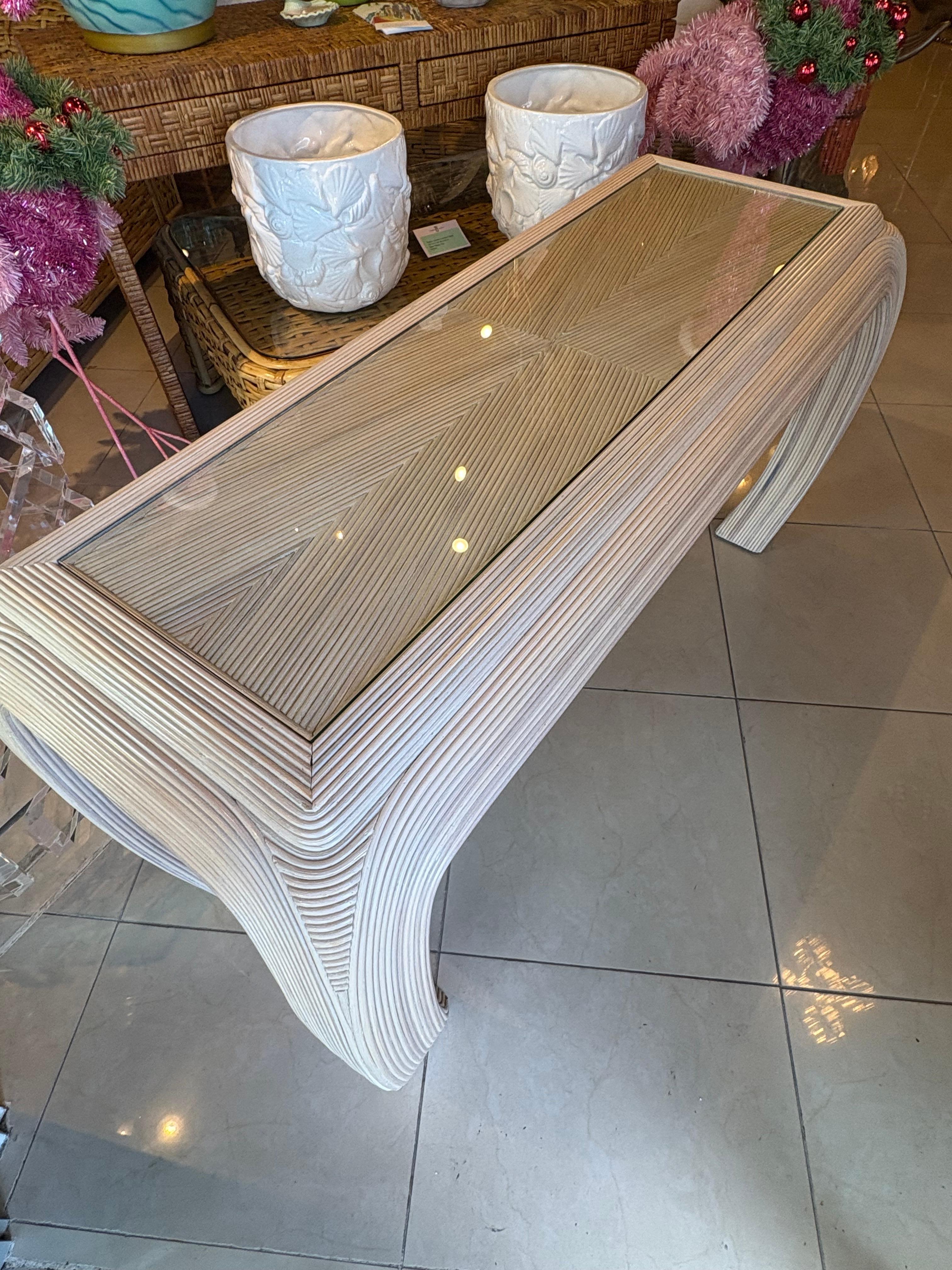 Vintage Coastal Palm Beach Pencil Reed Rattan Ming Console Table New Glass Top For Sale 3