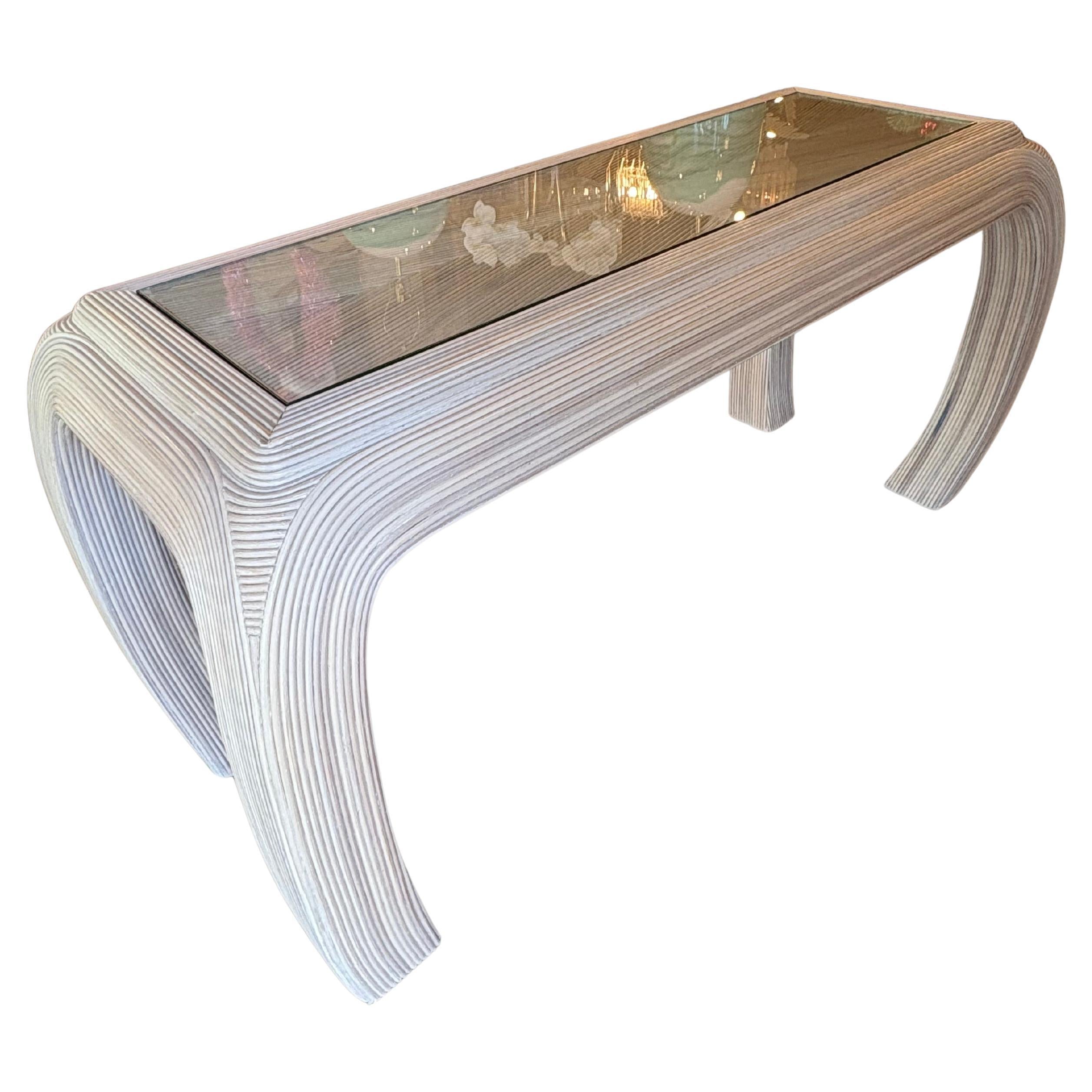 Vintage Coastal Palm Beach Pencil Reed Rattan Ming Console Table New Glass Top For Sale