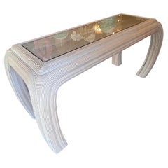 Vintage Coastal Palm Beach Pencil Reed Rattan Ming Console Table New Glass Top