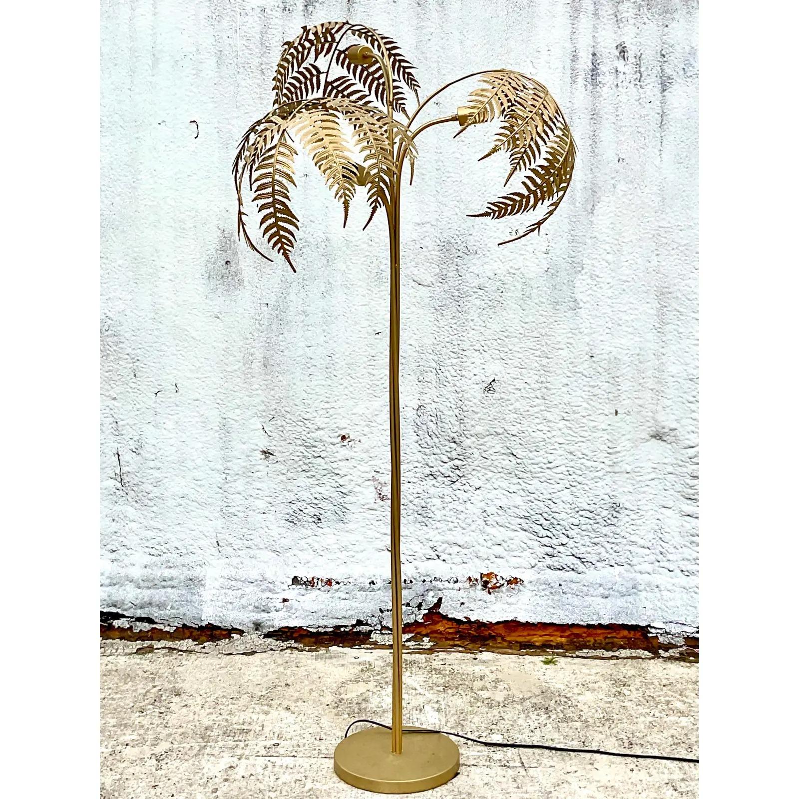 Fantastic vintage Gold floor lamp. A matte painted finish on a chic Palm Frond design. Add a flash of glamour to any room. Acquired from a Palm Beach estate