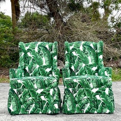 Vintage Coastal Palm Frond Wingback Chairs - a Pair
