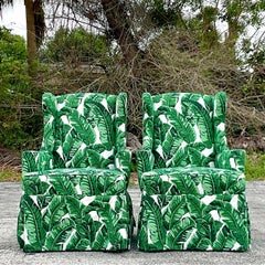 Vintage Coastal Palm Frond Wingback Chairs - a Pair