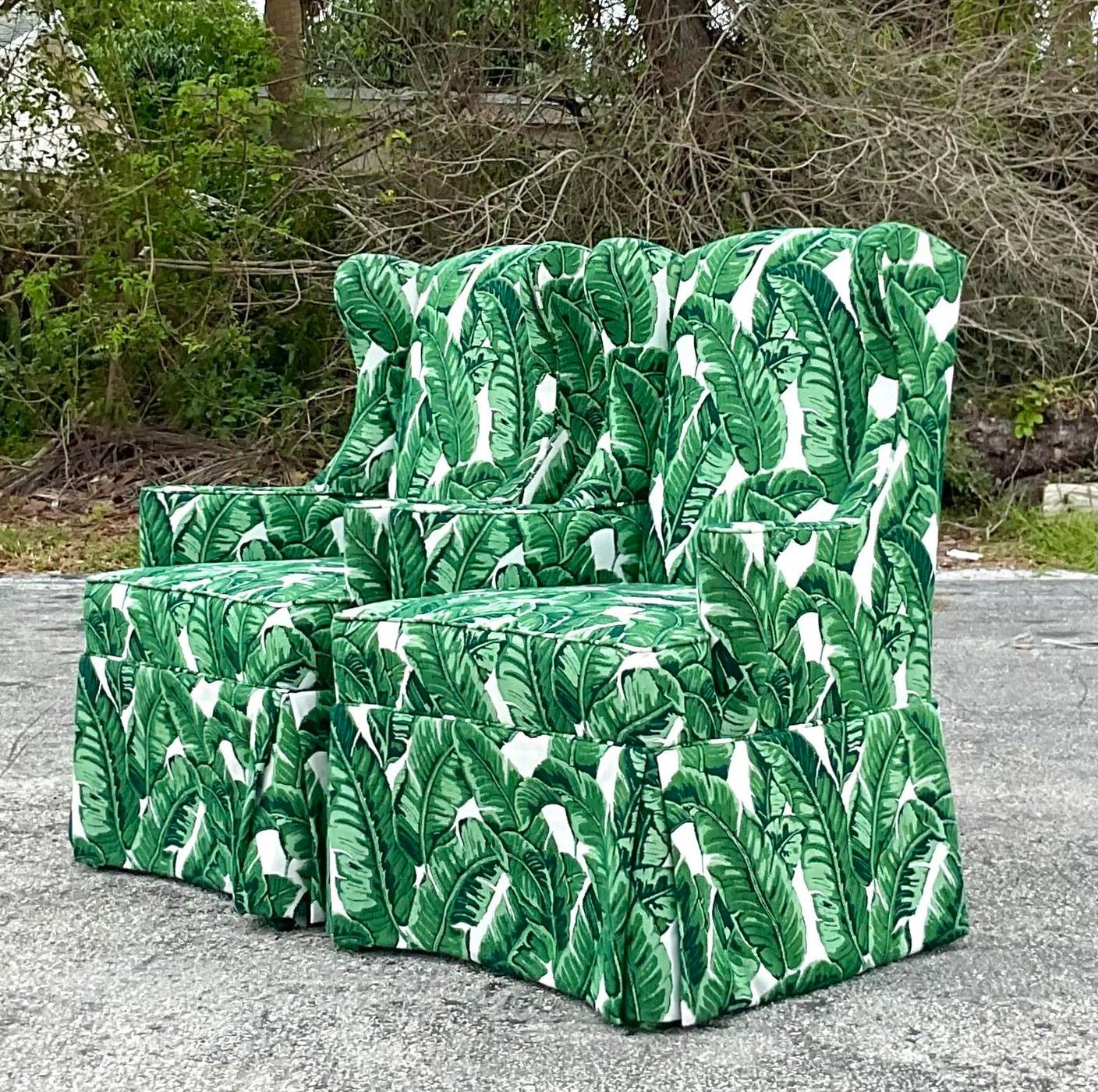 American Vintage Coastal Palm Frond Wingback Chairs - a Pair For Sale