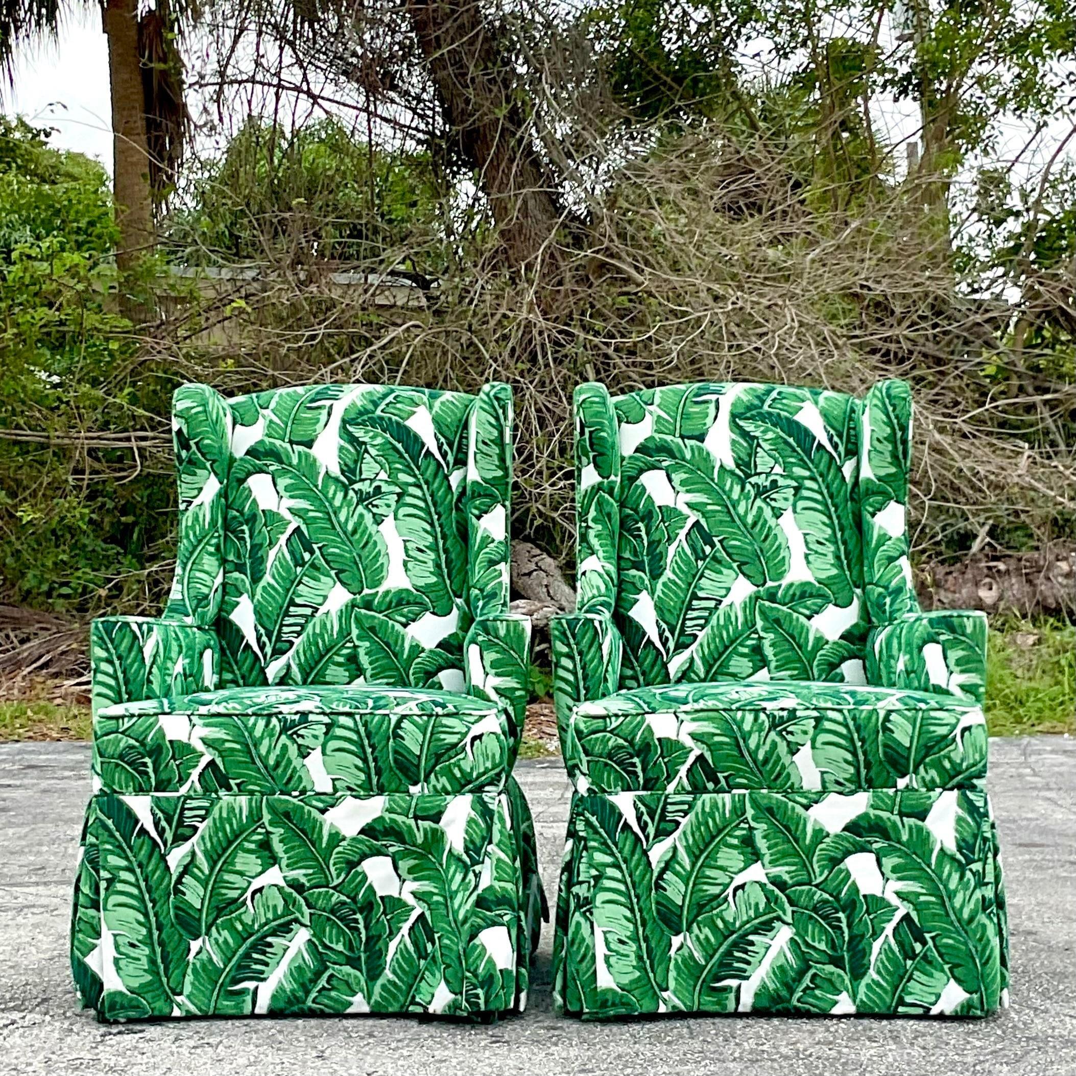 Vintage Coastal Palm Frond Wingback Chairs - a Pair In Good Condition In west palm beach, FL