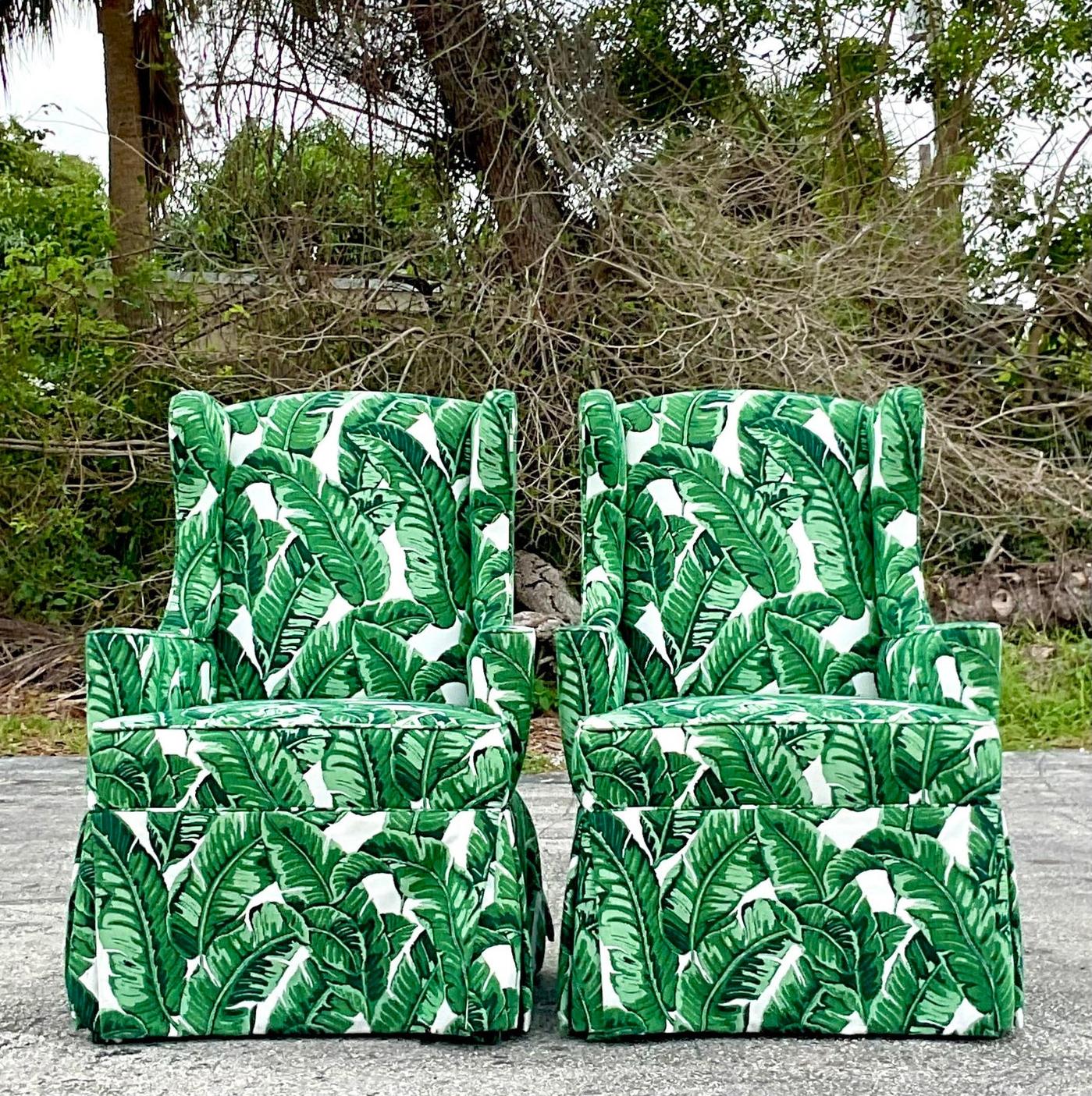Vintage Coastal Palm Frond Wingback Chairs - a Pair In Good Condition For Sale In west palm beach, FL