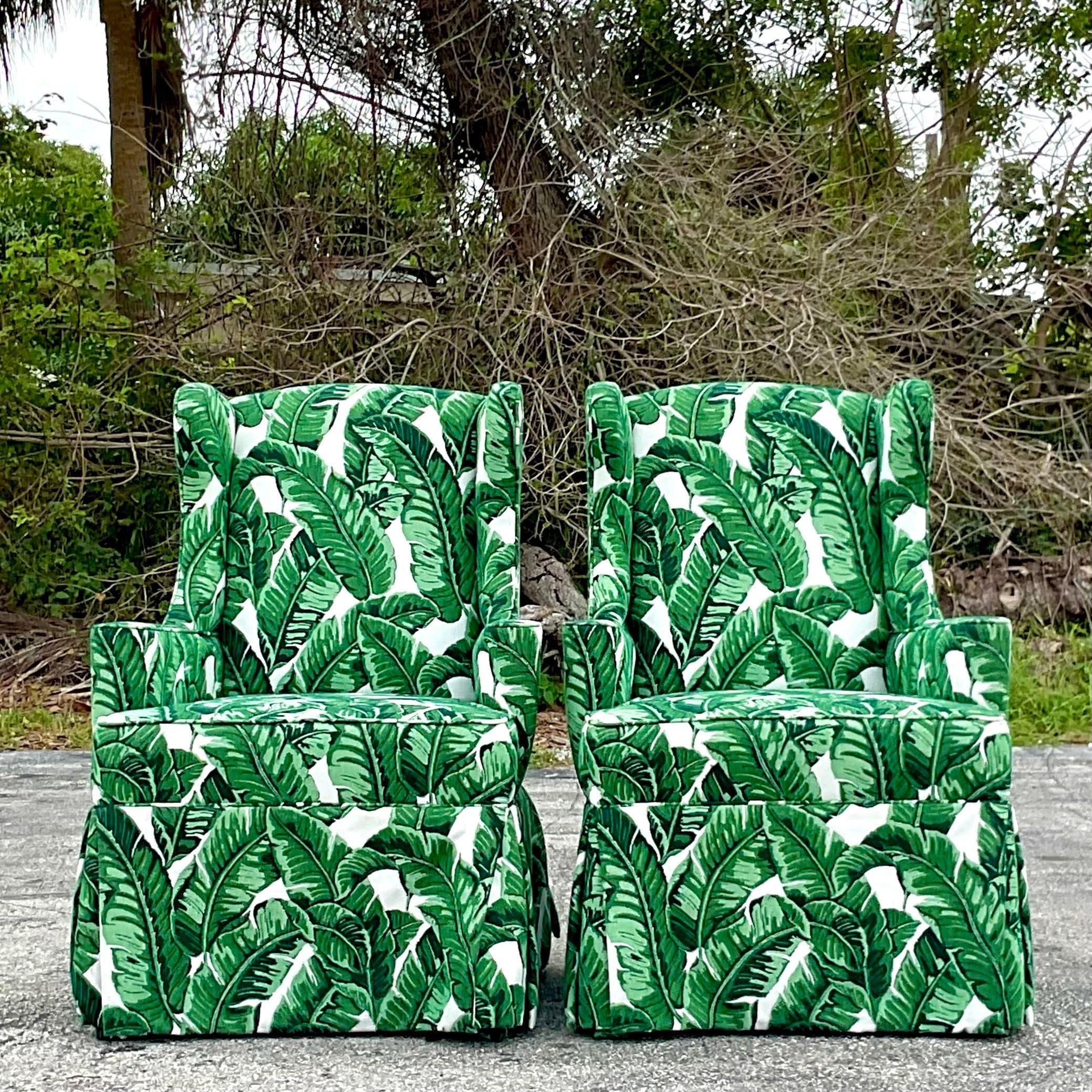 Upholstery Vintage Coastal Palm Frond Wingback Chairs - a Pair