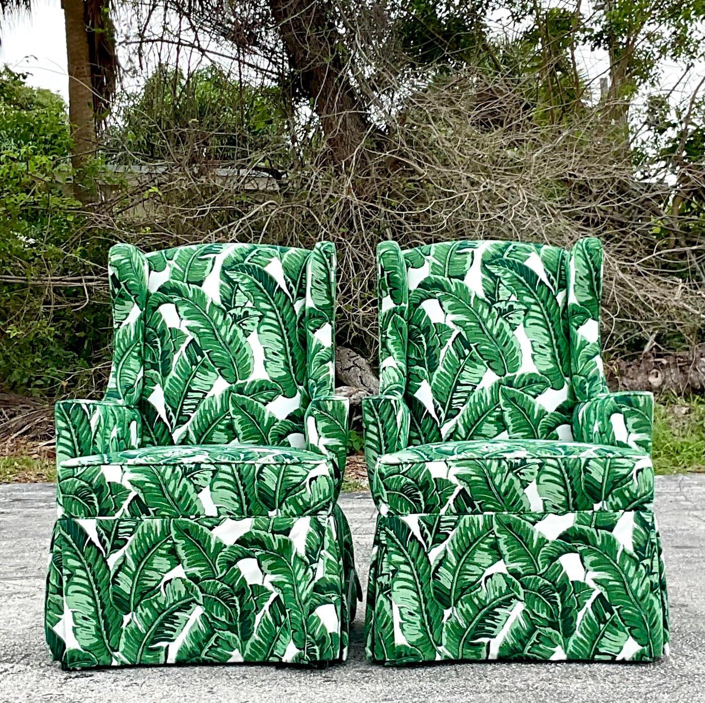 Upholstery Vintage Coastal Palm Frond Wingback Chairs - a Pair For Sale