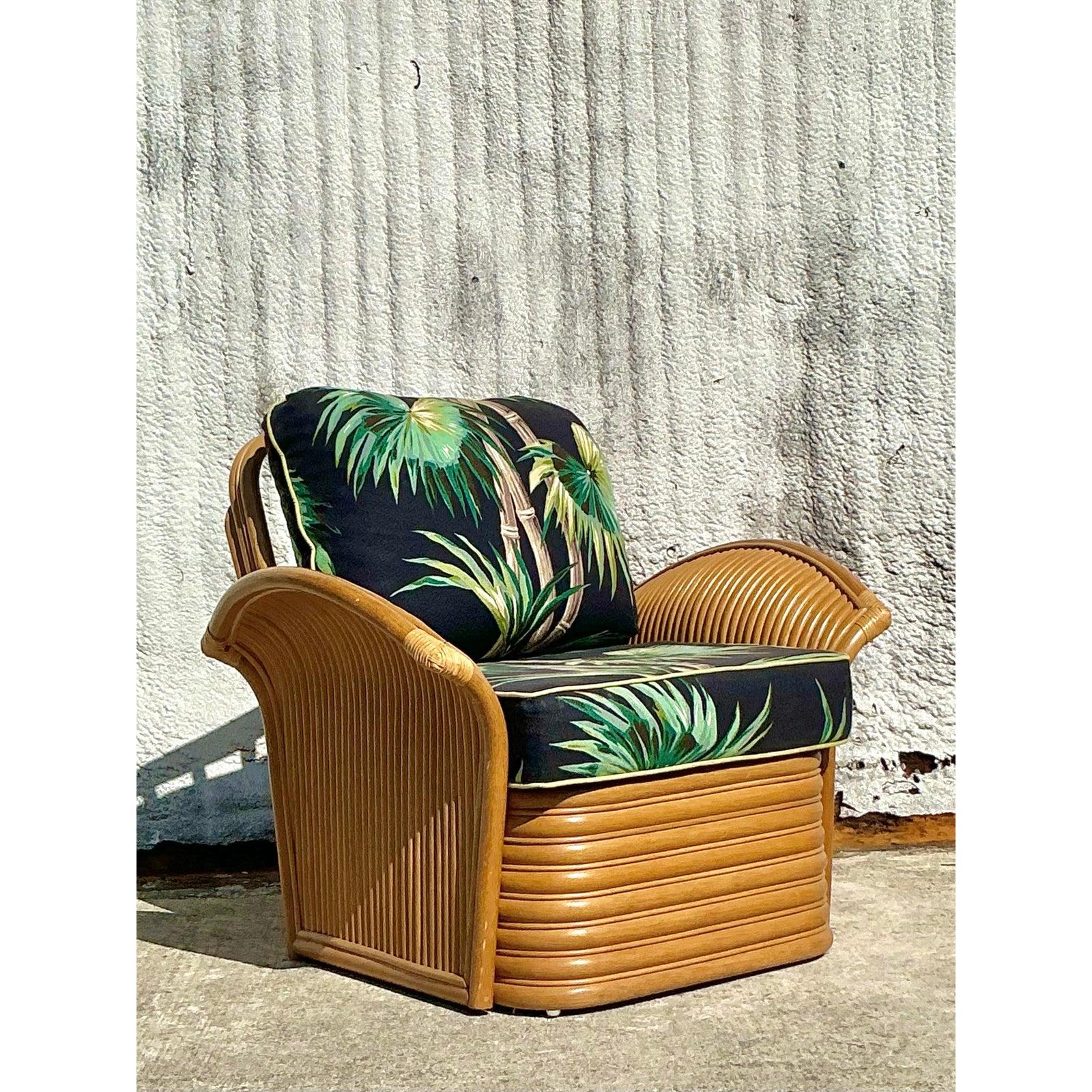 Mid-Century Modern Chaise vintage à imprimé palmier côtier en vente