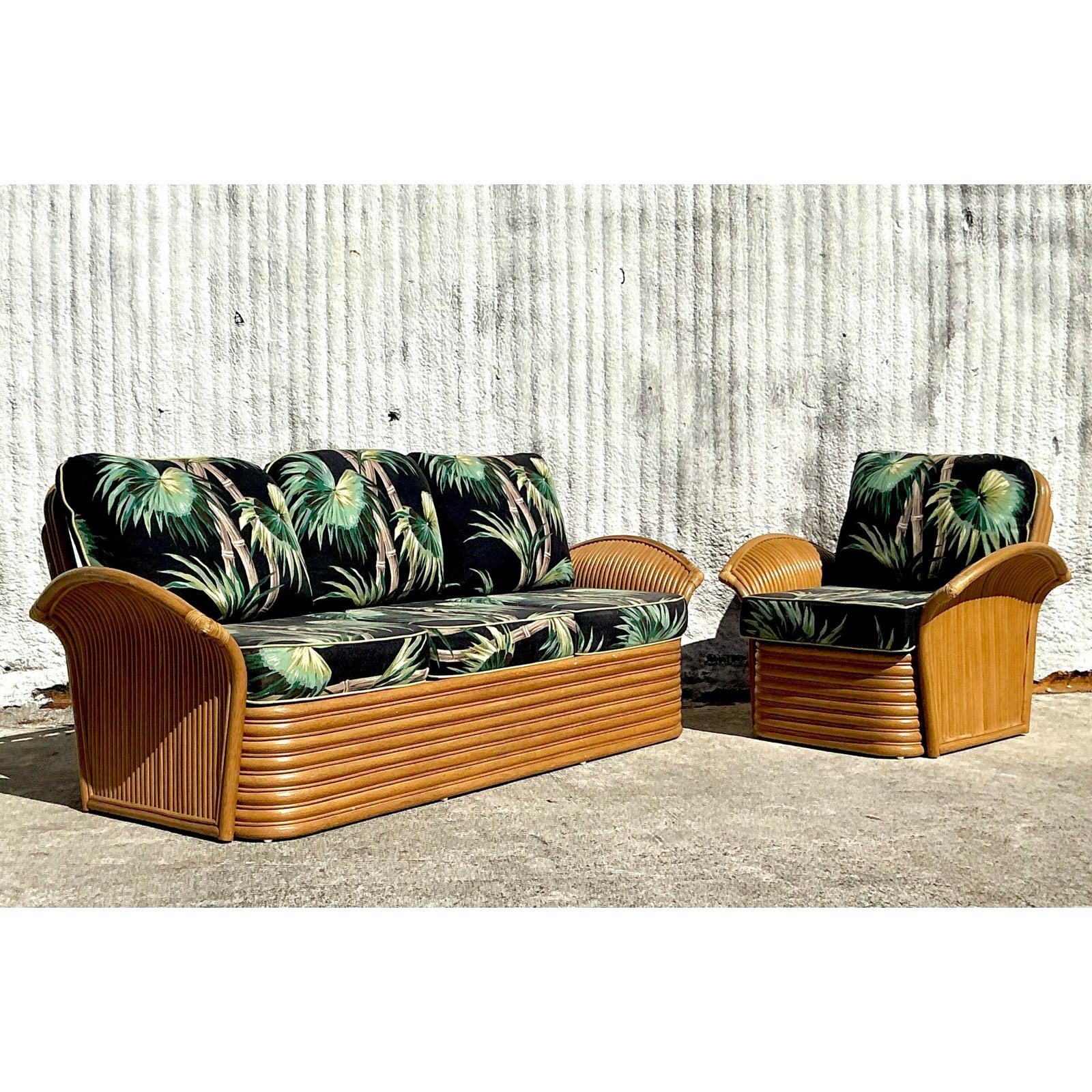 Sofa vintage en rotin imprimé palmier côtier en vente 2