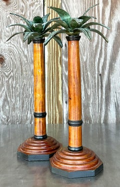 Vintage Coastal Palm Tree Candlesticks - a Pair
