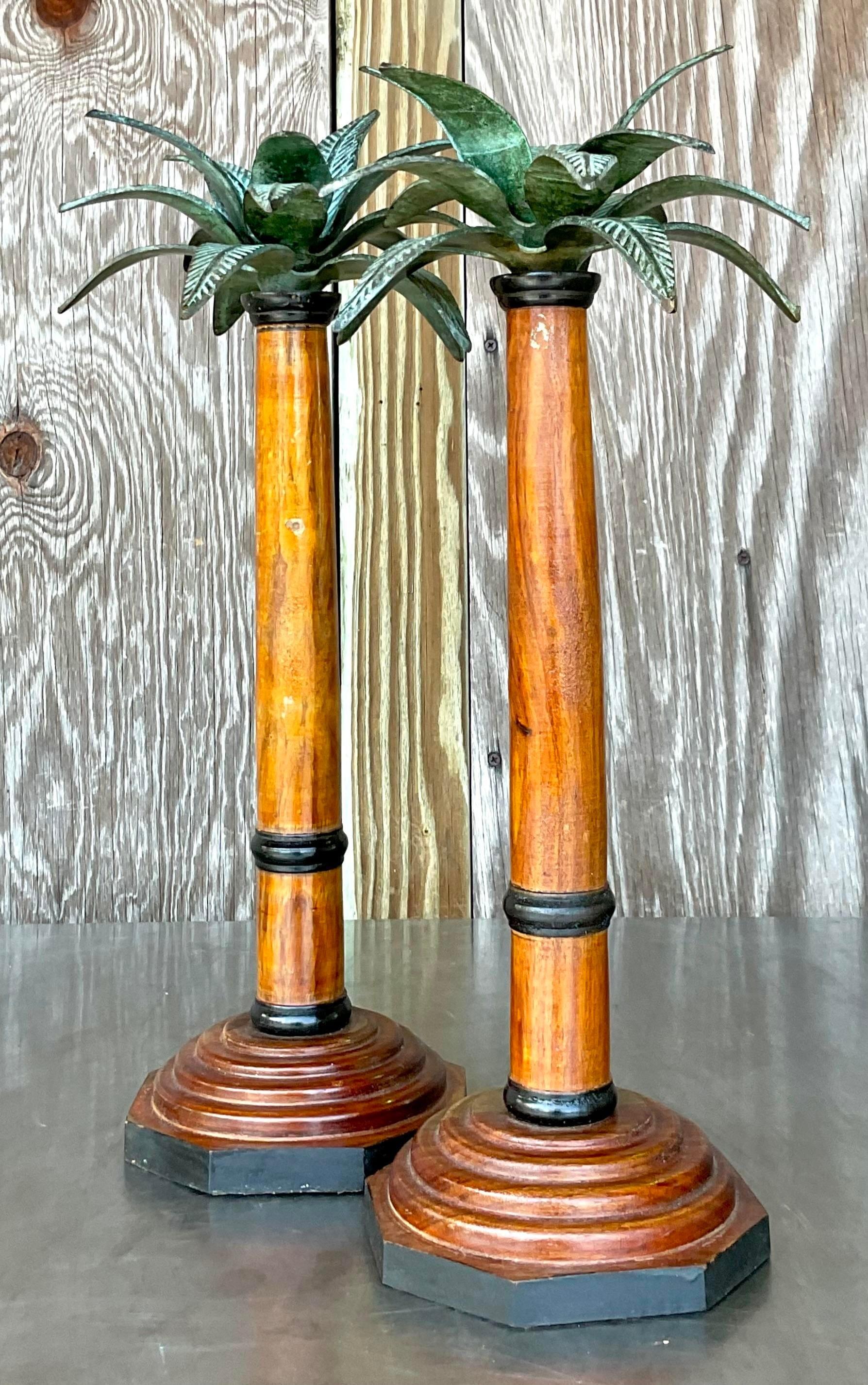 American Vintage Coastal Palm Tree Candlesticks - a Pair For Sale