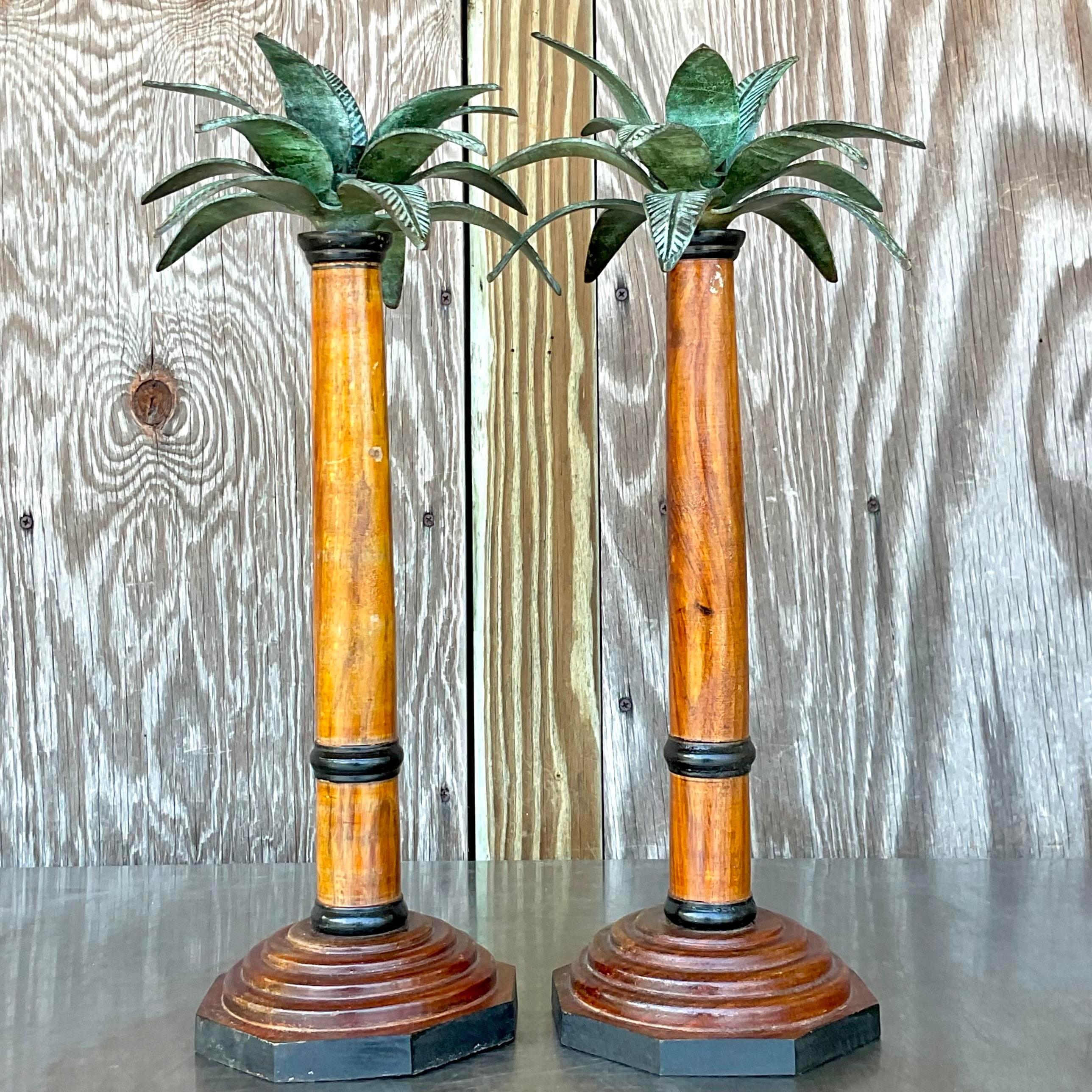 Vintage Coastal Palm Tree Candlesticks - a Pair In Good Condition For Sale In west palm beach, FL