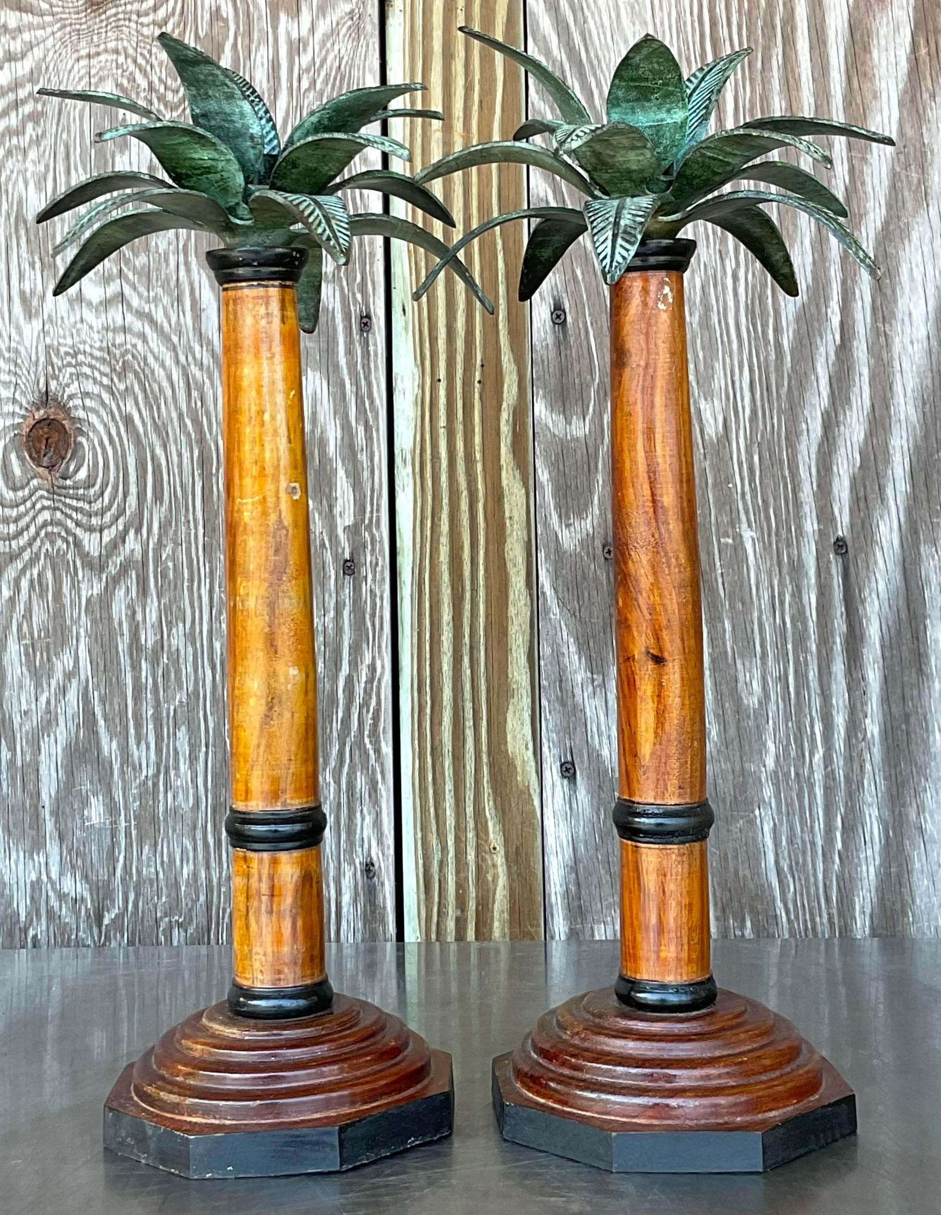20th Century Vintage Coastal Palm Tree Candlesticks - a Pair For Sale