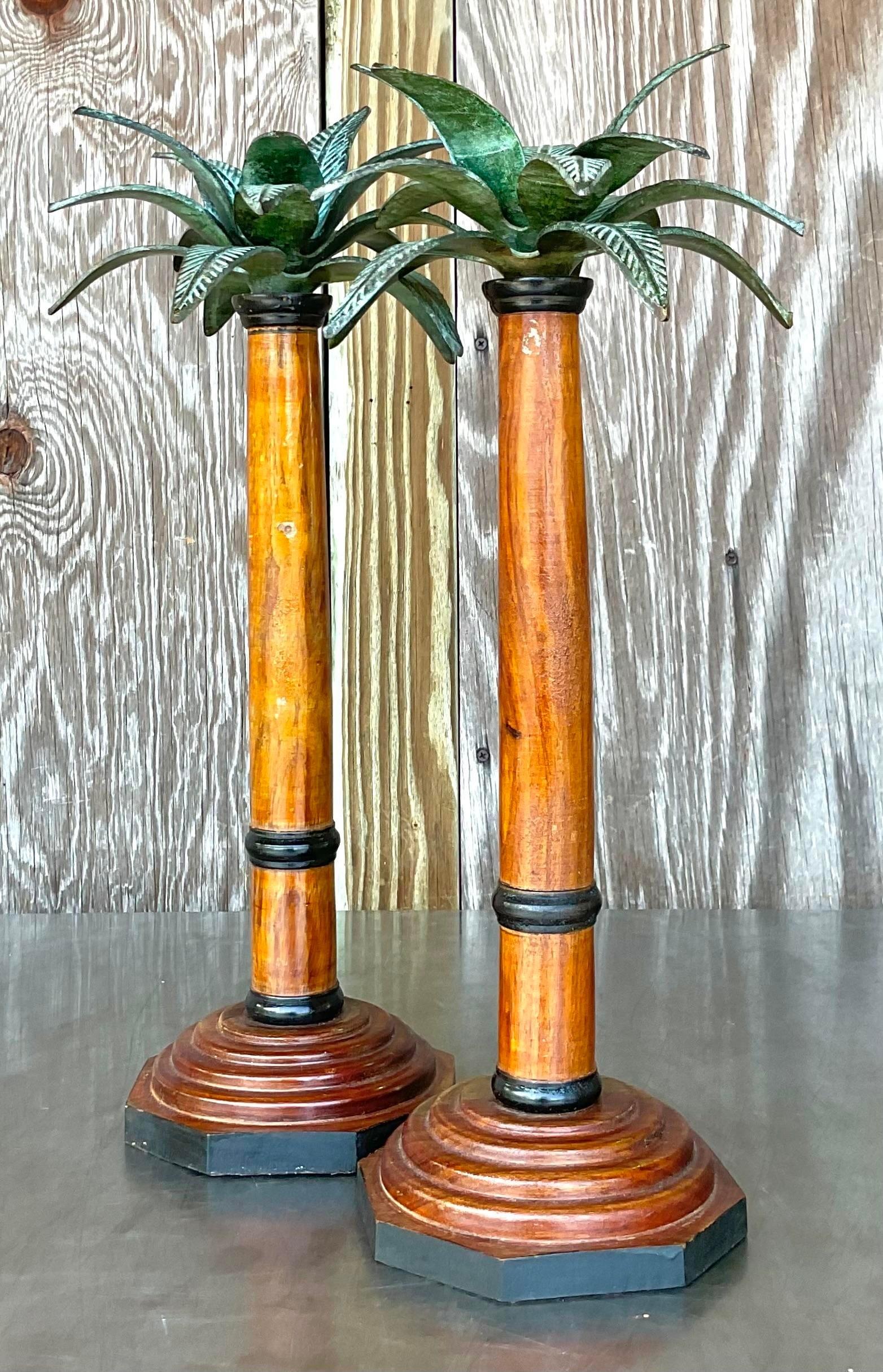 Metal Vintage Coastal Palm Tree Candlesticks - a Pair For Sale