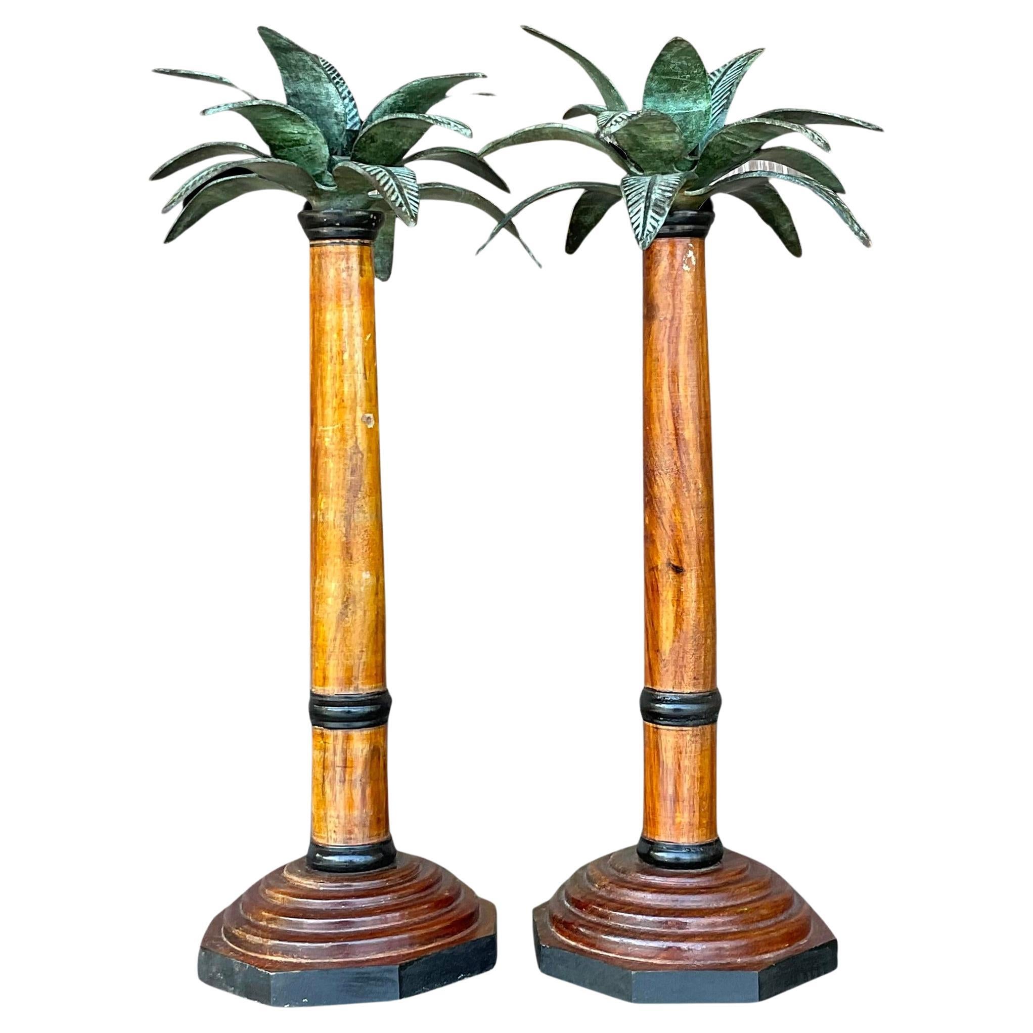 Vintage Coastal Palm Tree Candlesticks - a Pair For Sale
