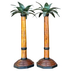 Retro Coastal Palm Tree Candlesticks - a Pair