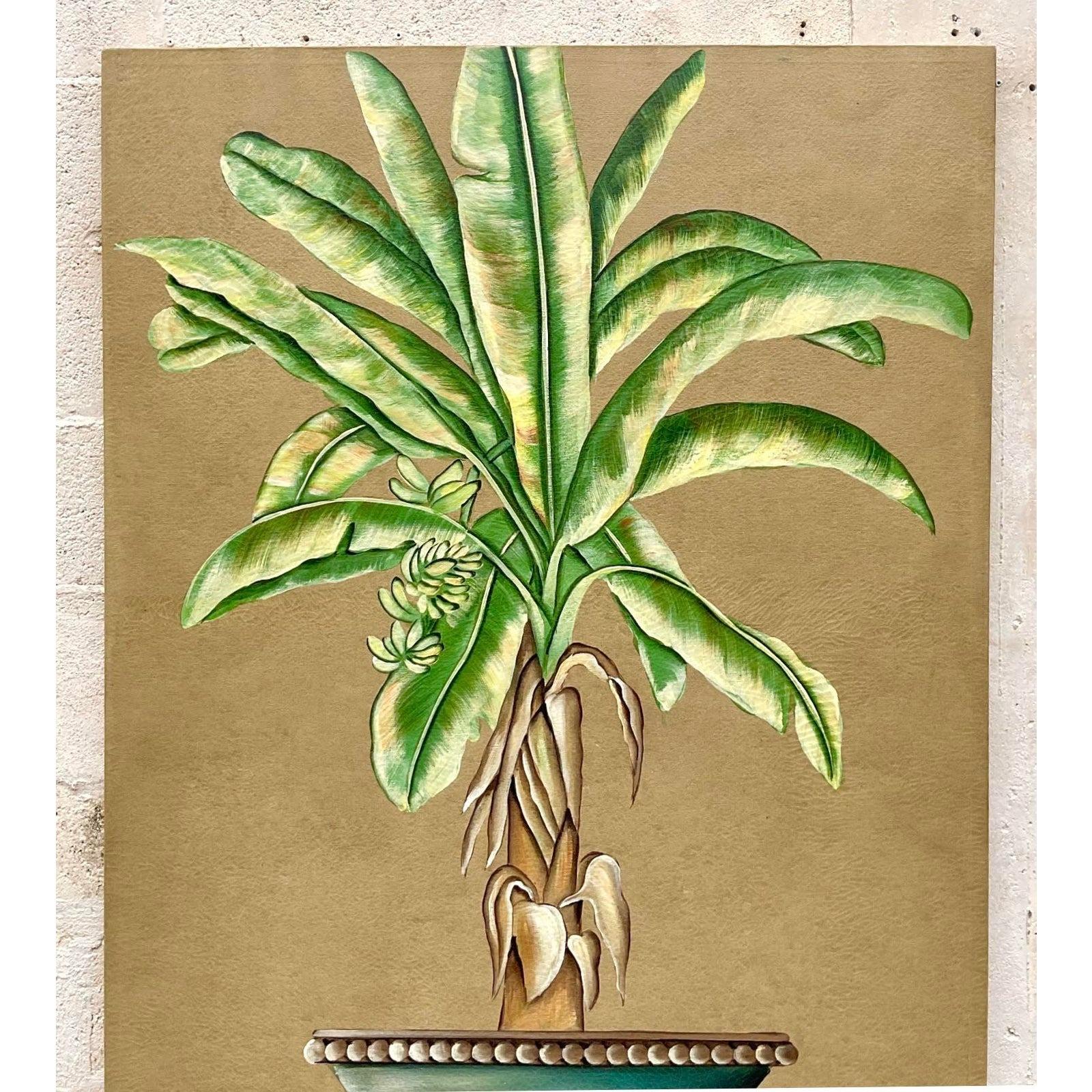 Eleva il tuo arredamento con questo splendido dipinto a olio su tela originale Vintage Coastal Palm Tree. Catturando la serena bellezza dei paesaggi costieri, questo pezzo incarna lo stile americano con la sua eleganza senza tempo e il suo fascino