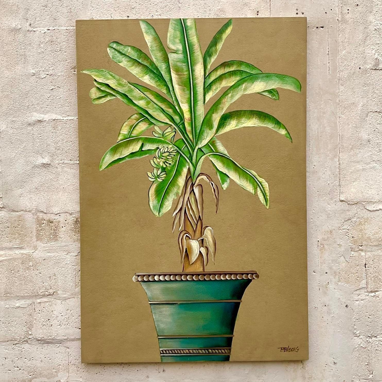 Olio originale su tela con albero di palma costiero vintage In condizioni buone in vendita a west palm beach, FL