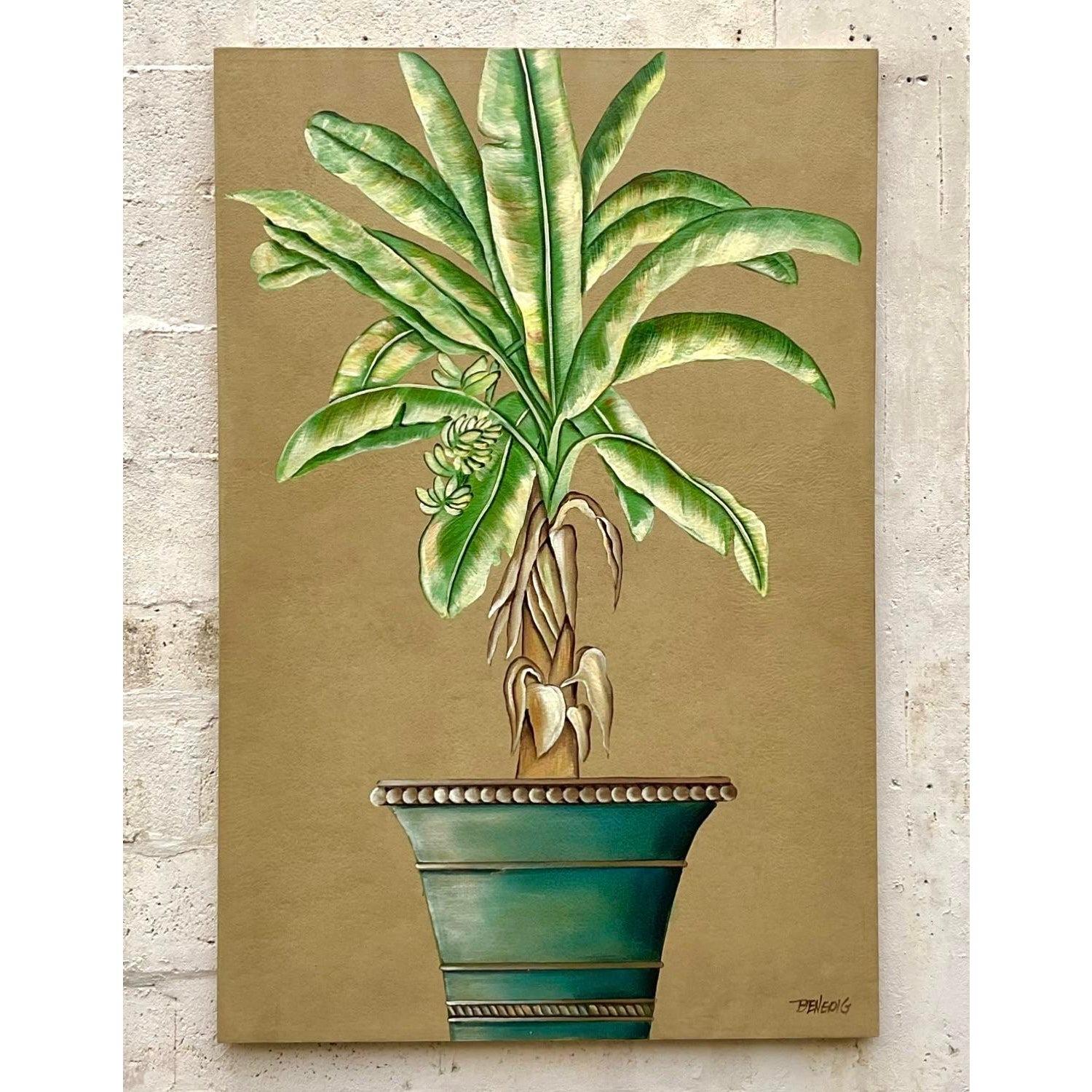 Olio originale su tela con albero di palma costiero vintage in vendita 1