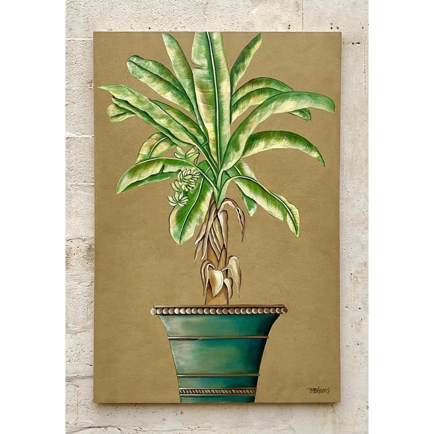 Olio originale su tela con albero di palma costiero vintage in vendita 2