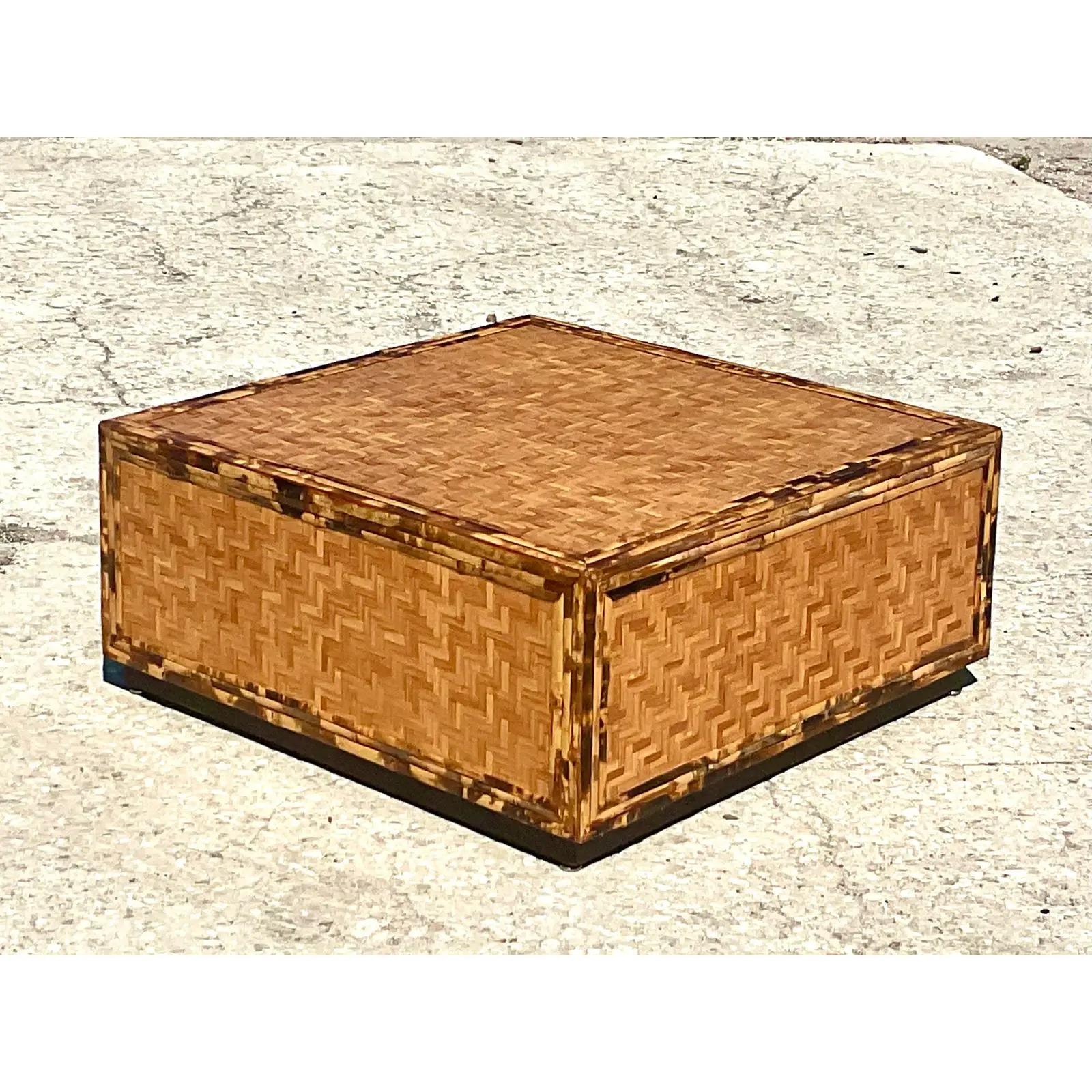 Philippine Vintage Coastal Parquet Bamboo Coffee Table For Sale