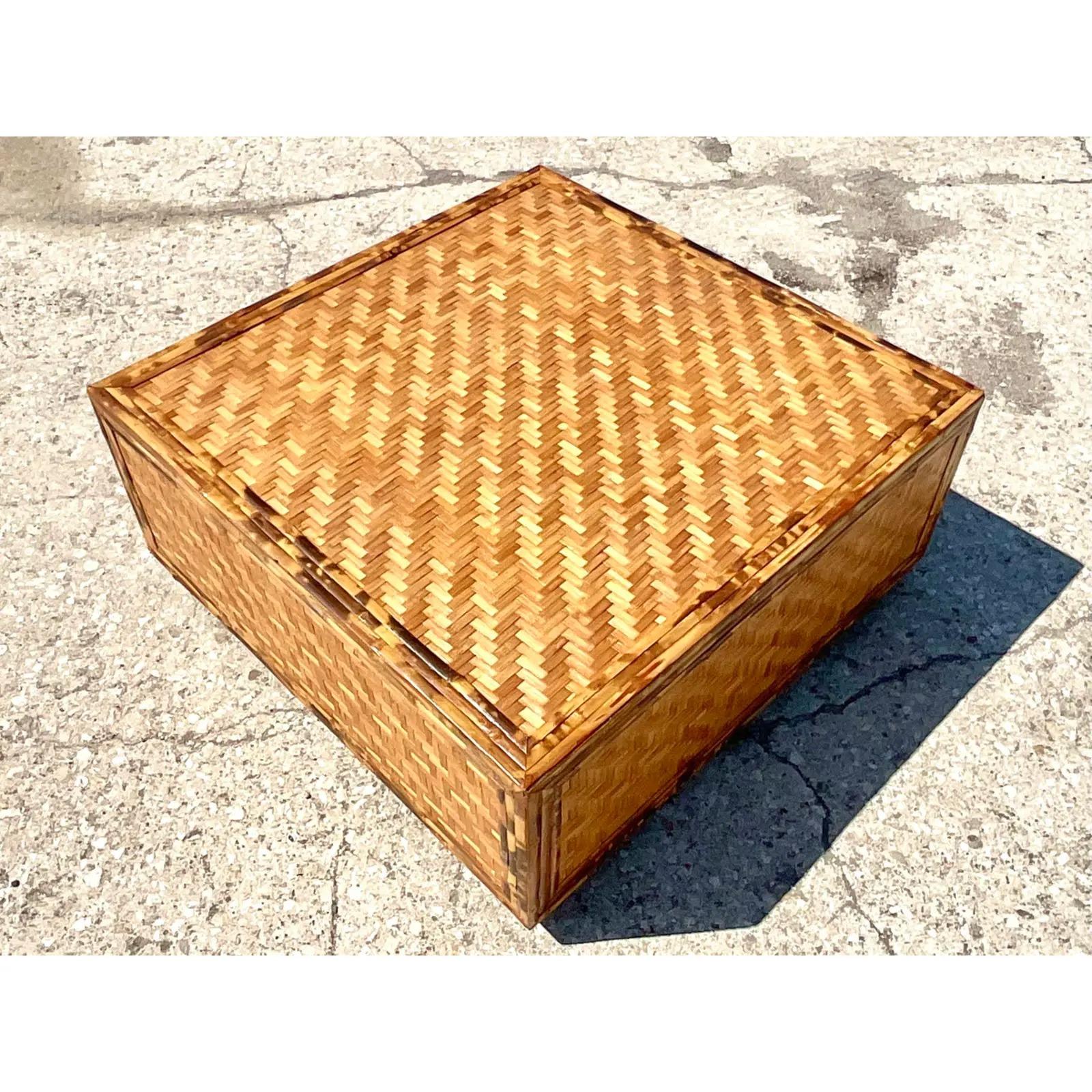 Vintage Coastal Parquet Bamboo Coffee Table In Good Condition For Sale In west palm beach, FL