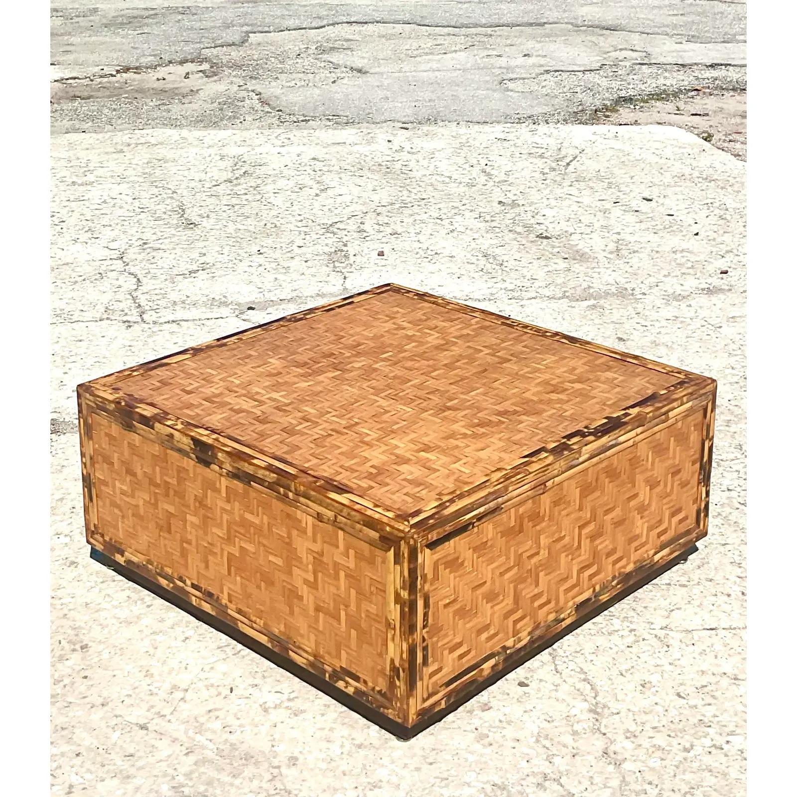 Vintage Coastal Parquet Bamboo Coffee Table For Sale 2