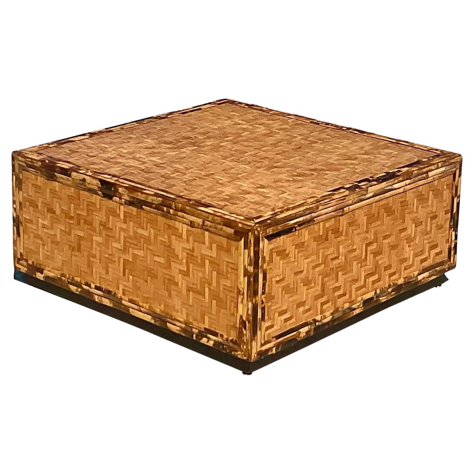 Vintage Coastal Parquet Bamboo Coffee Table For Sale