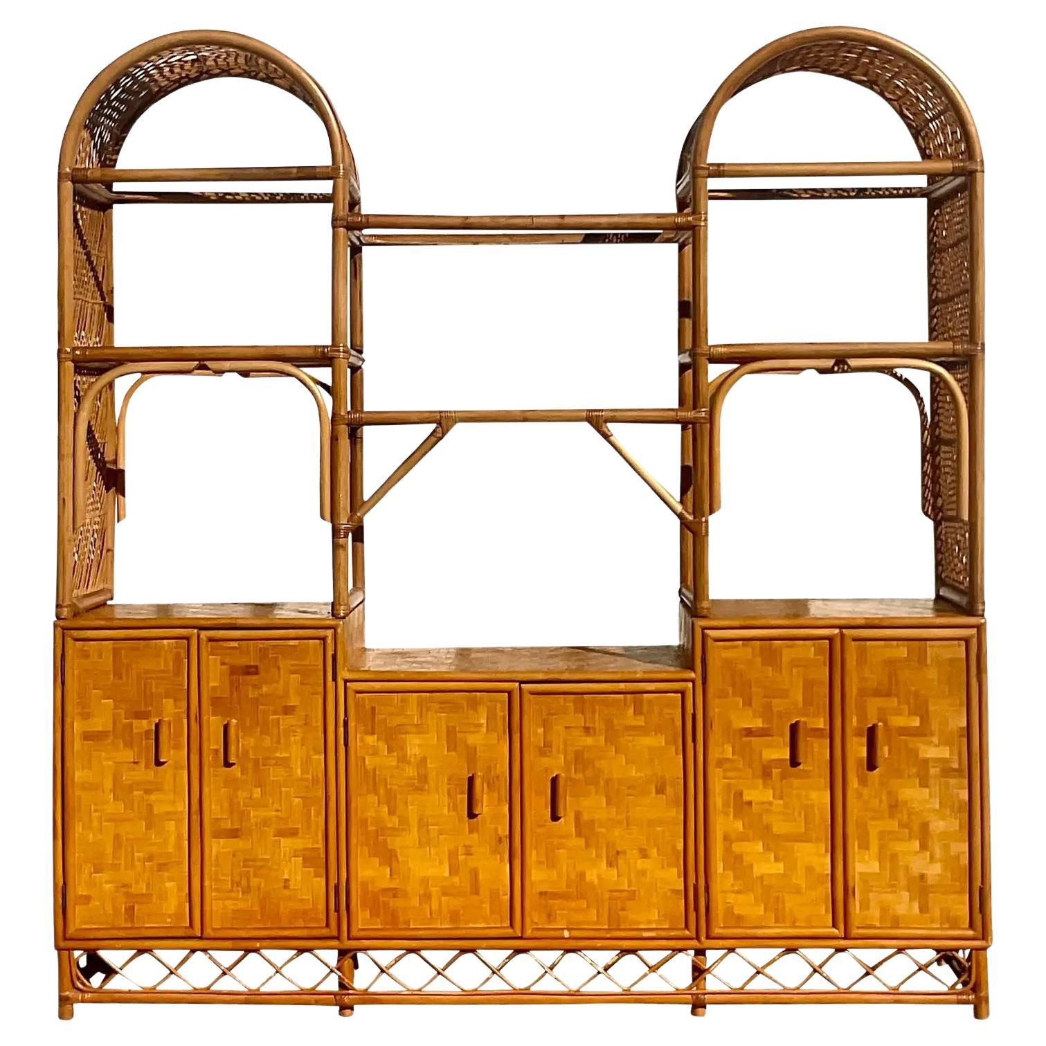 Vintage Coastal Arched Folding Rattan Etagere For Sale at 1stDibs