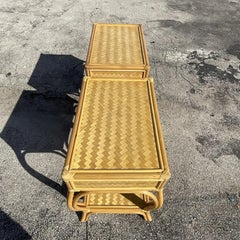 Vintage Coastal Parquet Rattan Nightstands, Pair