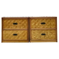 Vintage Coastal Parquet Rattan Nightstands - A Pair