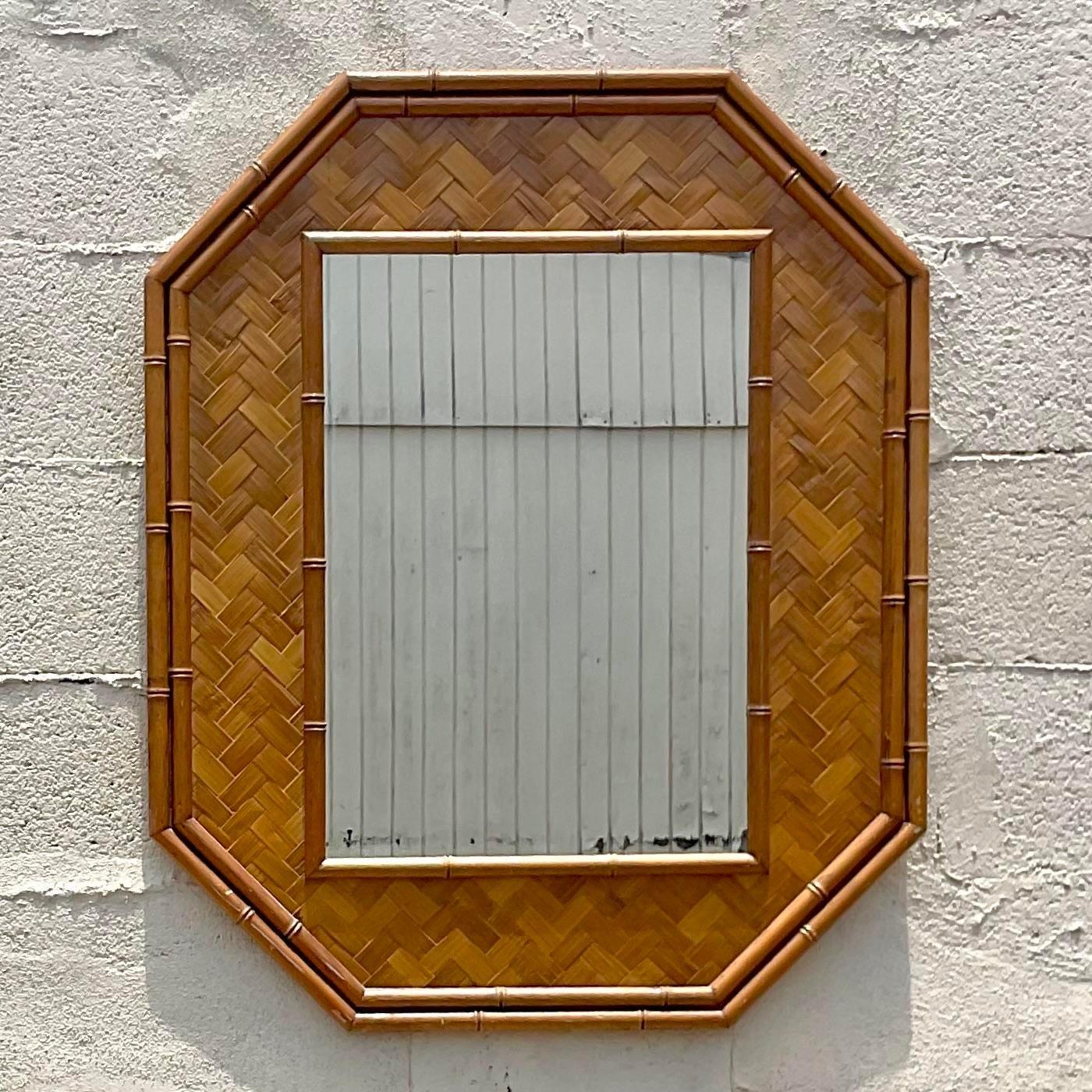 Vintage Coastal Parquet Rattan Octagon Mirror In Good Condition In west palm beach, FL