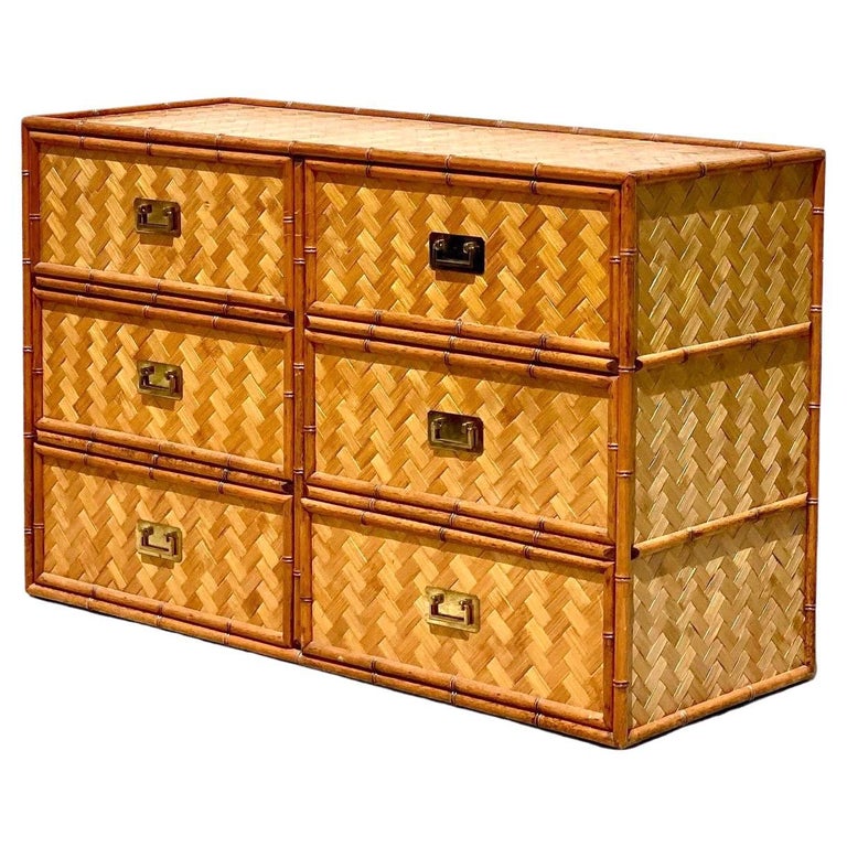 Vintage Coastal Parquet Split Reed Chest Of Drawers For Sale at 1stDibs