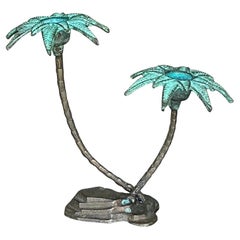 Vintage Coastal Patinated a Metal Palm Treen Candlesticks