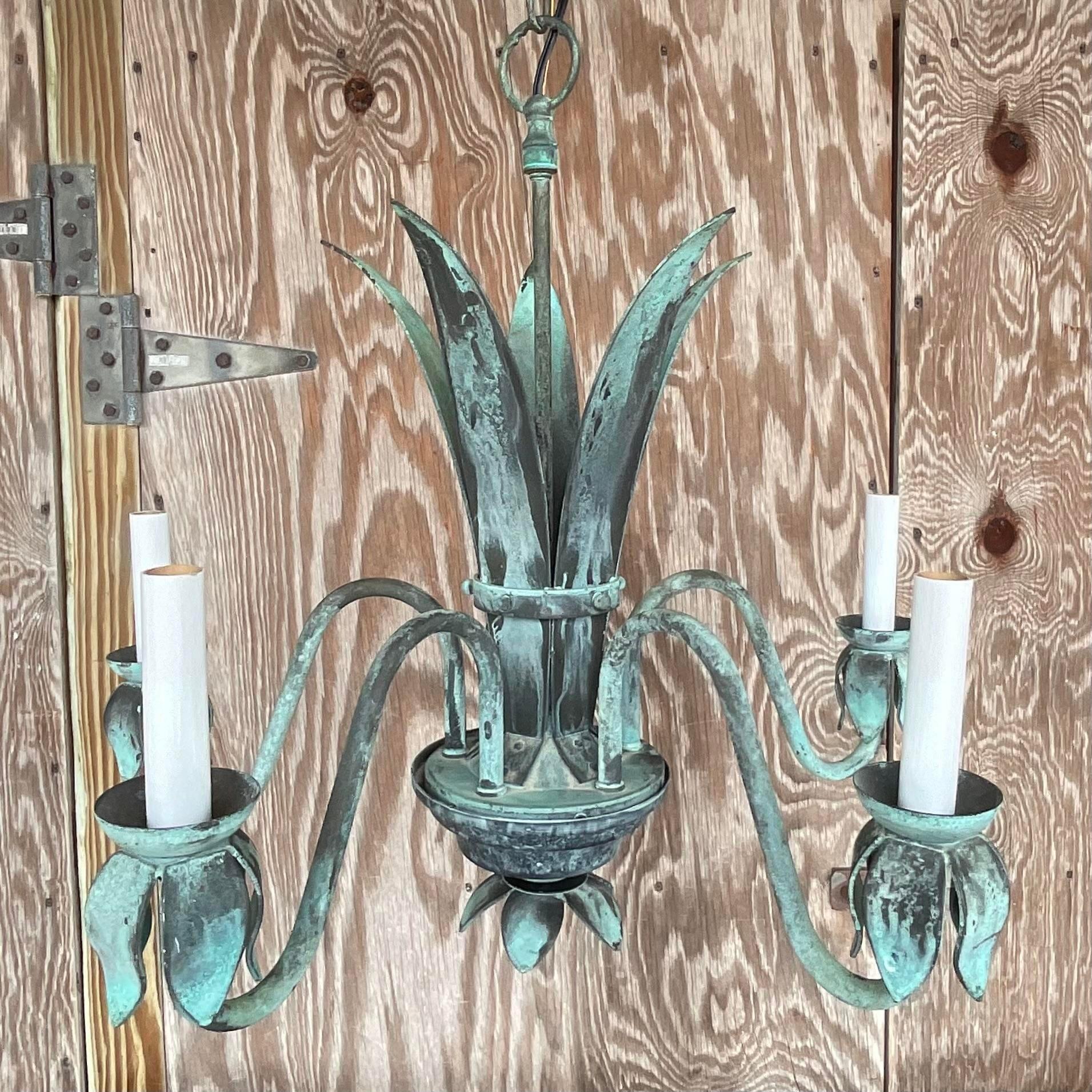 Vintage Coastal Patinated Bronze Chandelier In Good Condition For Sale In west palm beach, FL