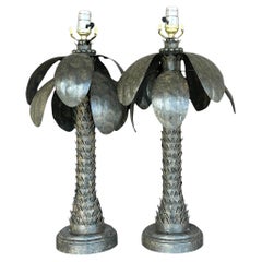 Vintage Coastal Patinated Bronze Finish Palm Lamps - a Pair