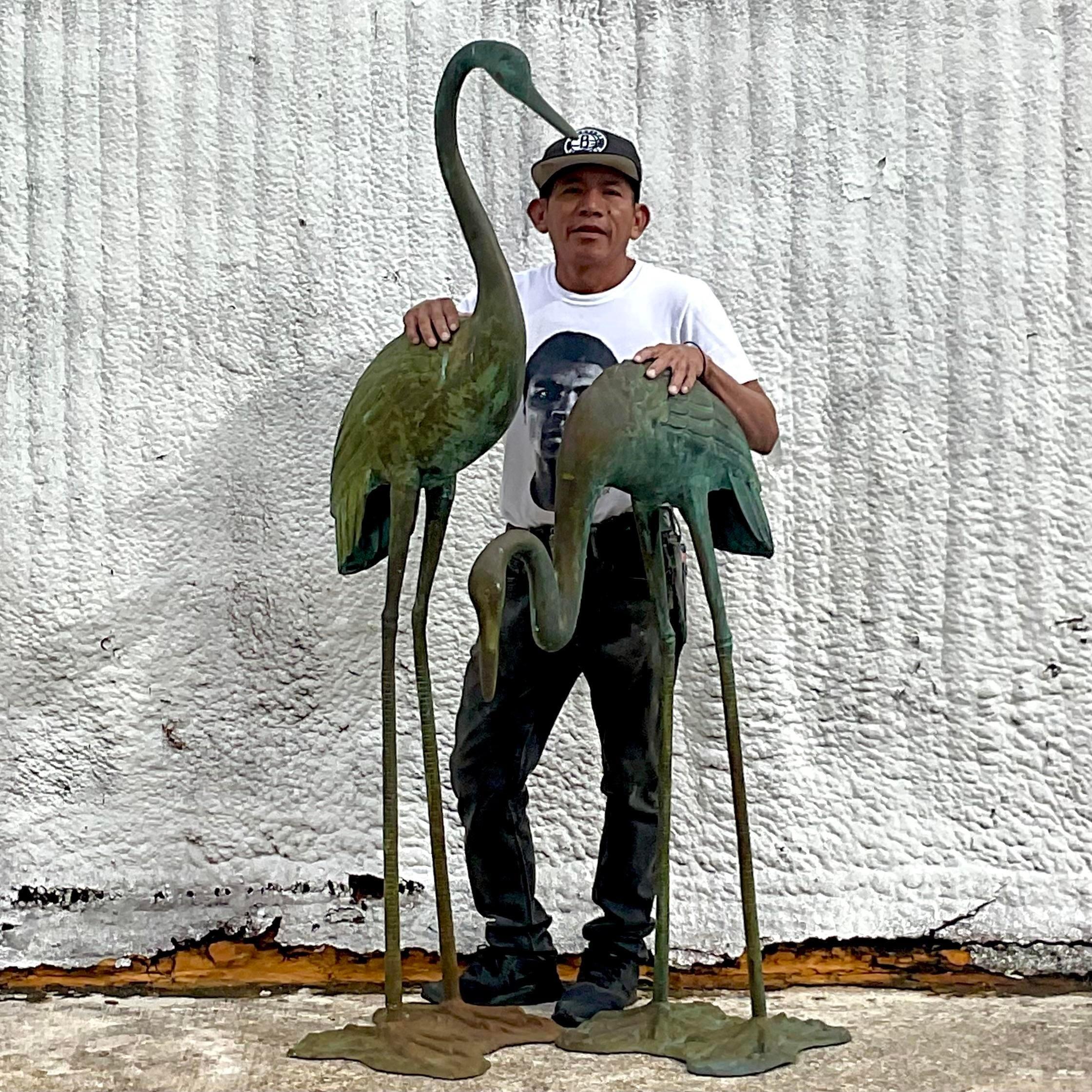 Vintage Coastal Patinated Bronze Herons - Set of 2 In Good Condition For Sale In west palm beach, FL