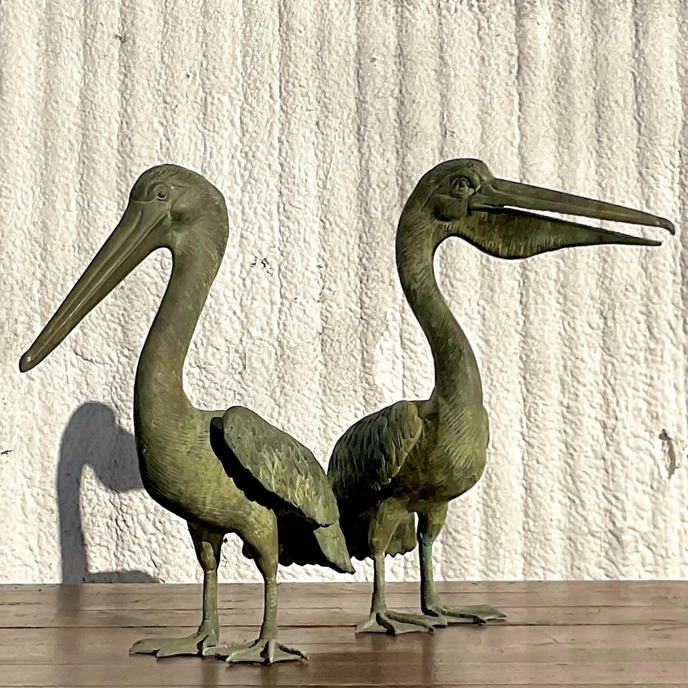 20th Century Vintage Coastal Patinated Bronze Pelicans - Set of 2