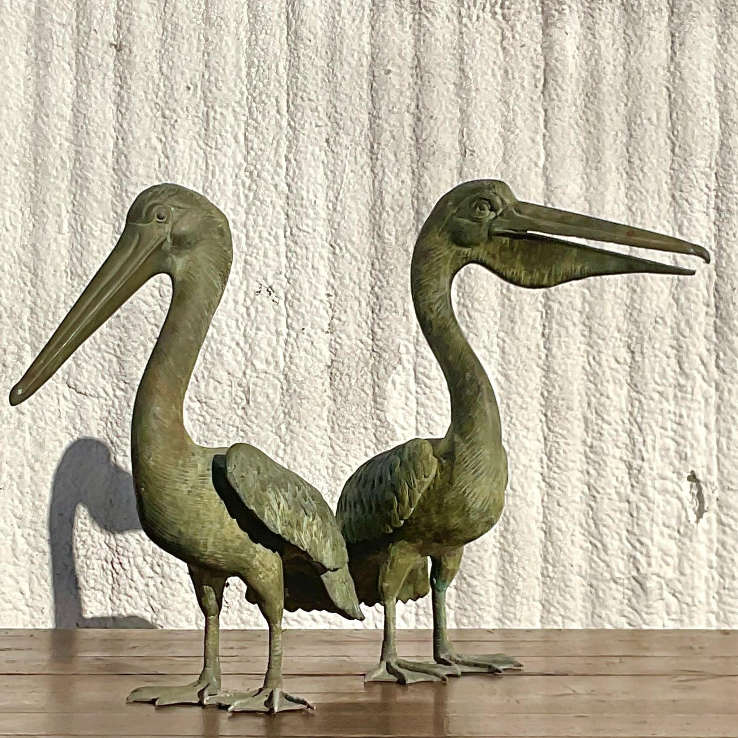 Brass Vintage Coastal Patinated Bronze Pelicans - Set of 2
