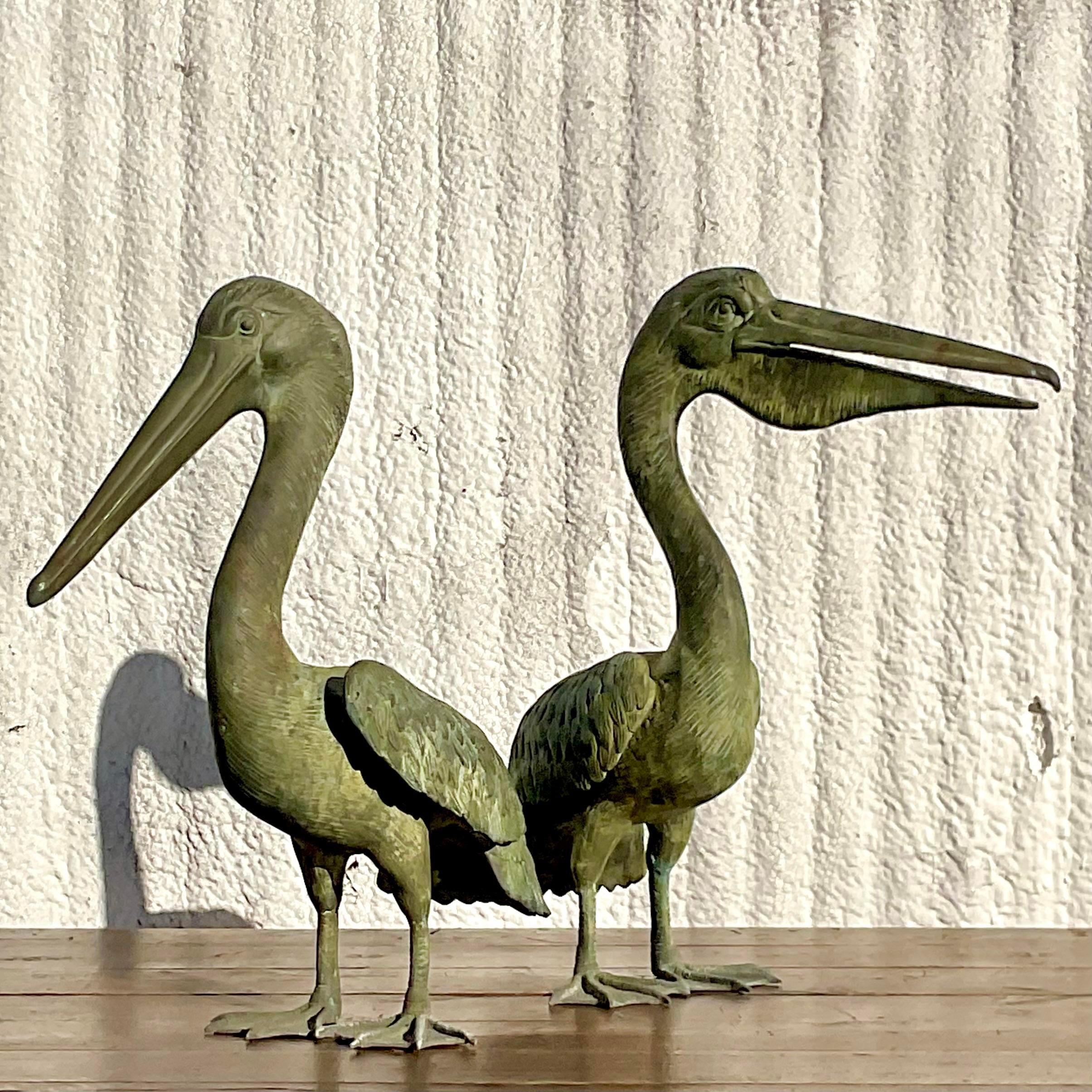 Vintage Coastal Patinated Bronze Pelicans - Set of 2 1