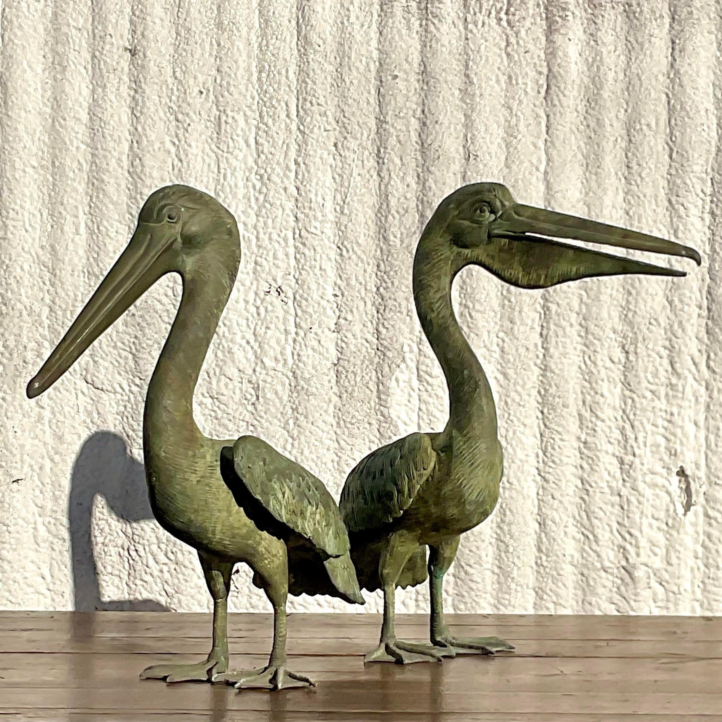 Vintage Coastal Patinated Bronze Pelicans - Set of 2 2